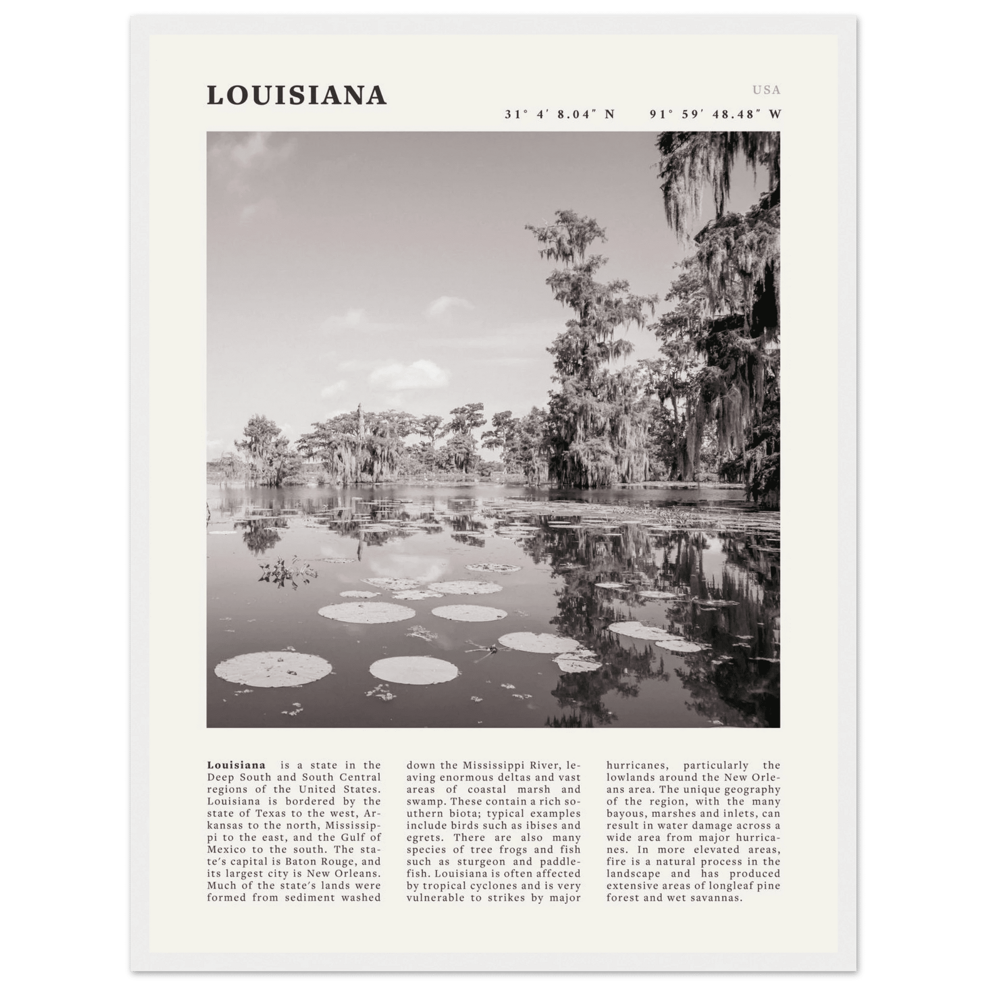 Louisiana Poster | Black & White Bayou Wall Art | Southern USA Travel Print Decor - Evergreen Posters