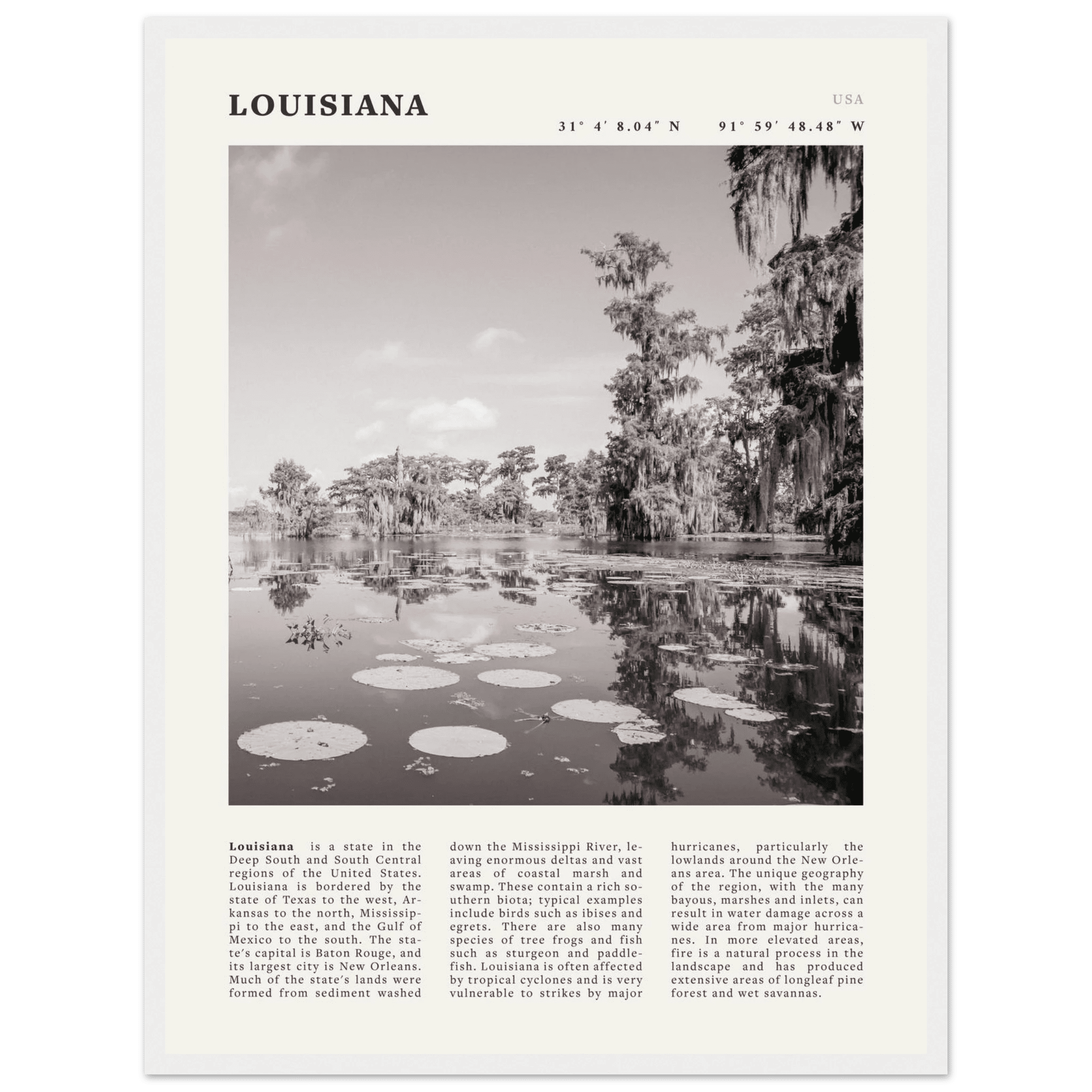 Louisiana Poster | Black & White Bayou Wall Art | Southern USA Travel Print Decor - Evergreen Posters