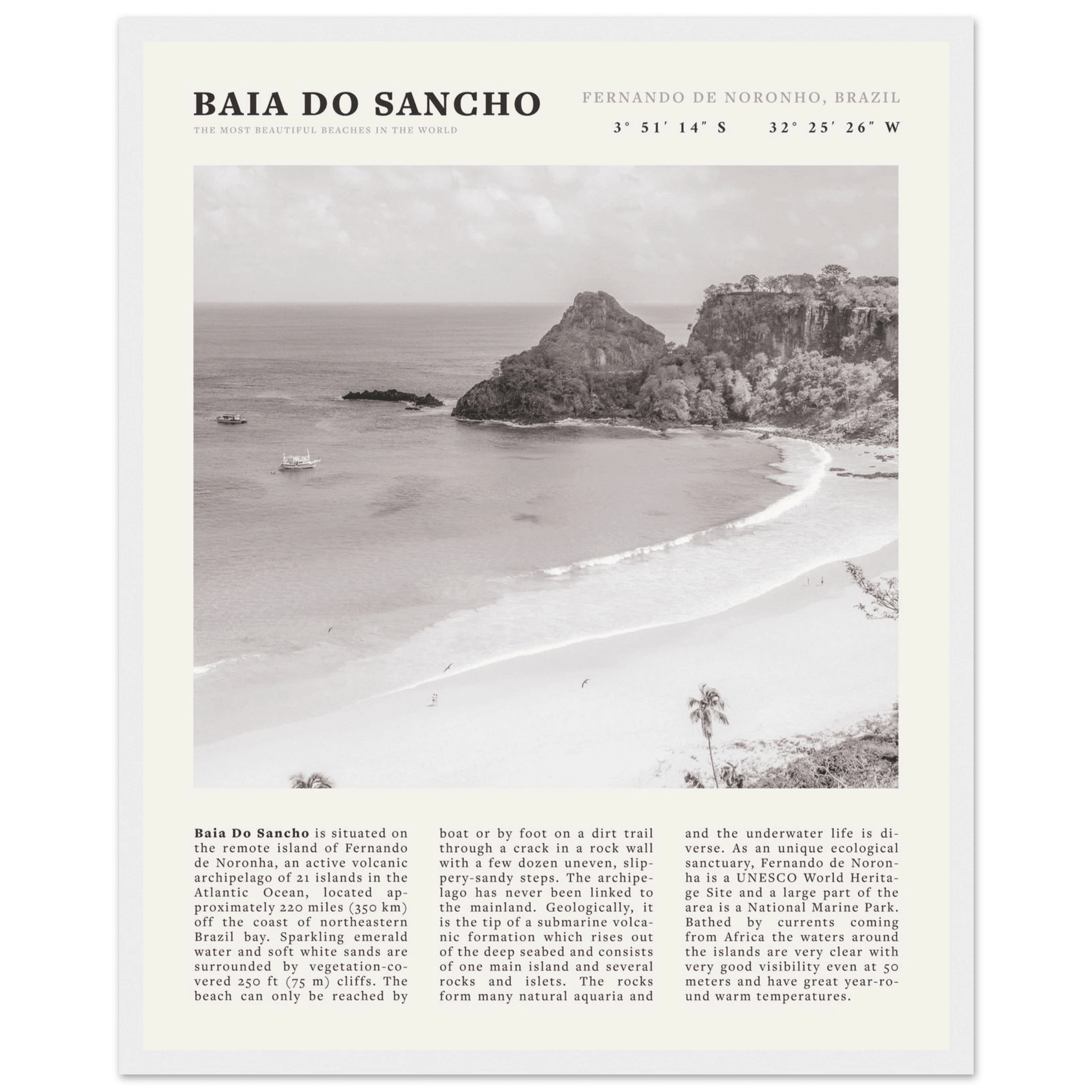 Baia Do Sancho Poster | Black & White Brazil Beach Wall Art | Fernando de Noronha - Evergreen Posters