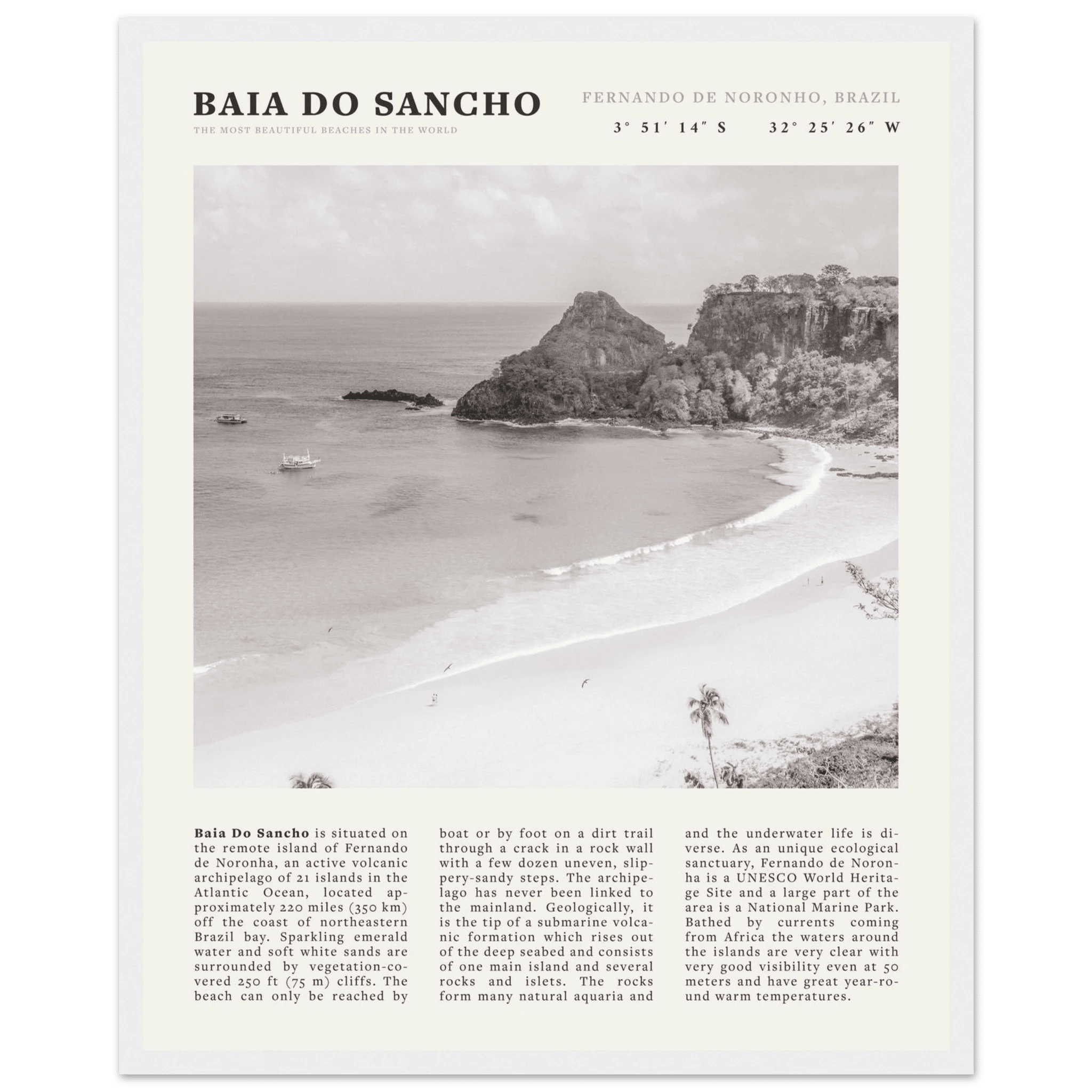 Baia Do Sancho Poster | Black & White Brazil Beach Wall Art | Fernando de Noronha - Evergreen Posters