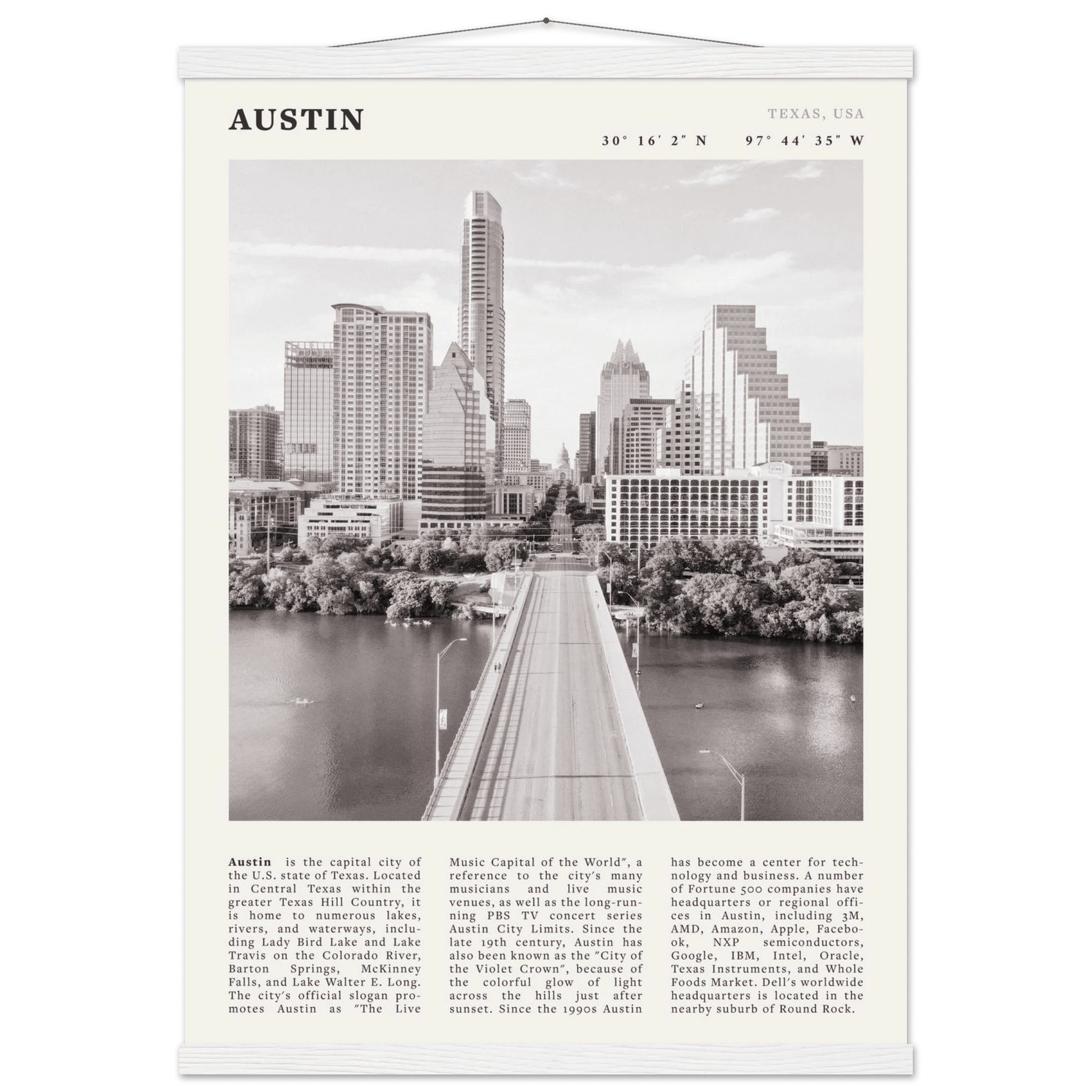 Austin Poster | Black & White Texas Skyline Wall Art | City Travel Print Decor - Evergreen Posters