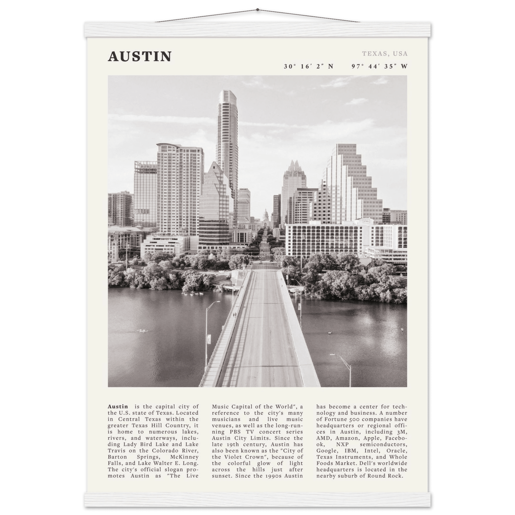 Austin Poster | Black & White Texas Skyline Wall Art | City Travel Print Decor - Evergreen Posters