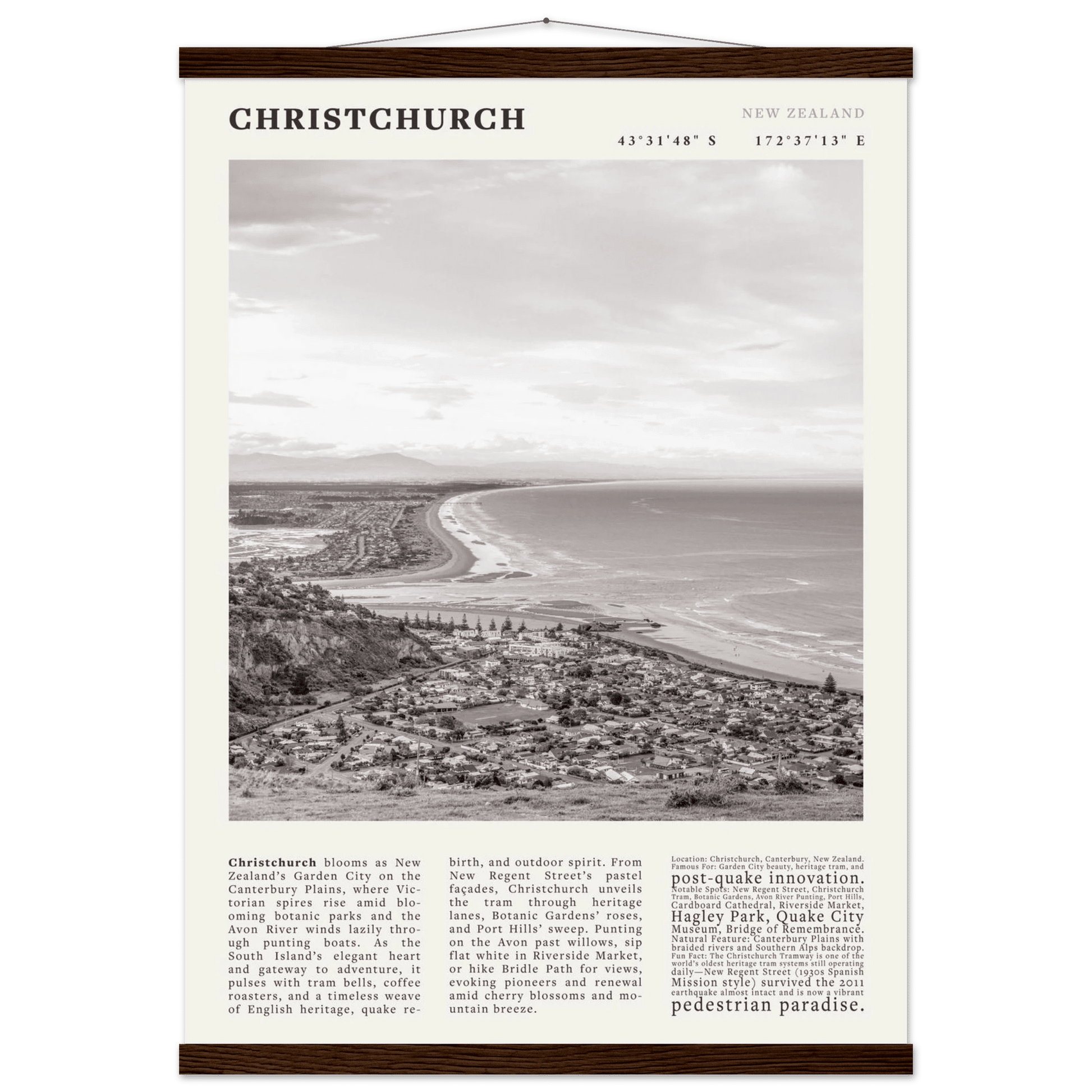 Christchurch New Zealand Poster Black and White – Vintage Garden City Panorama Print - Evergreen Posters