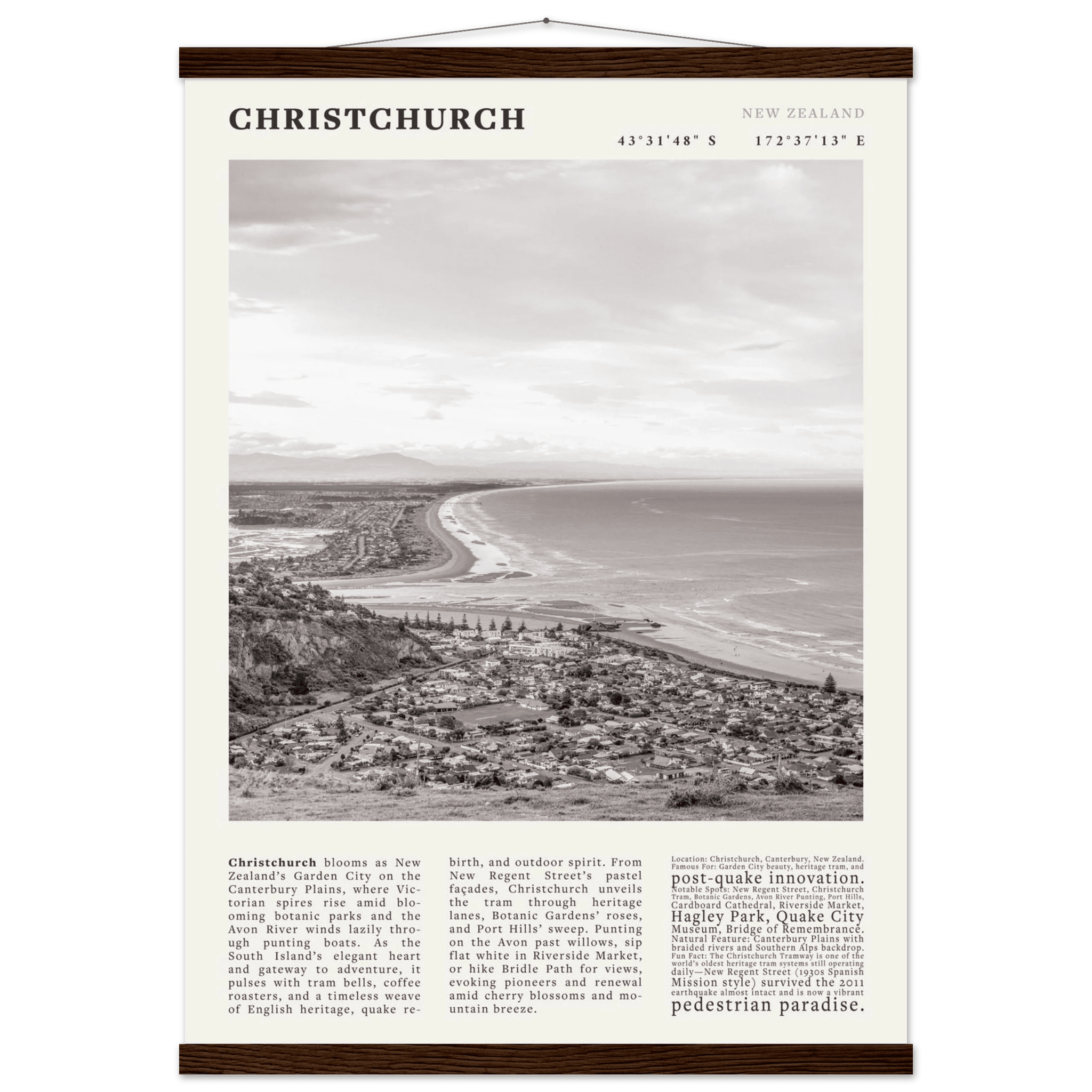 Christchurch New Zealand Poster Black and White – Vintage Garden City Panorama Print - Evergreen Posters