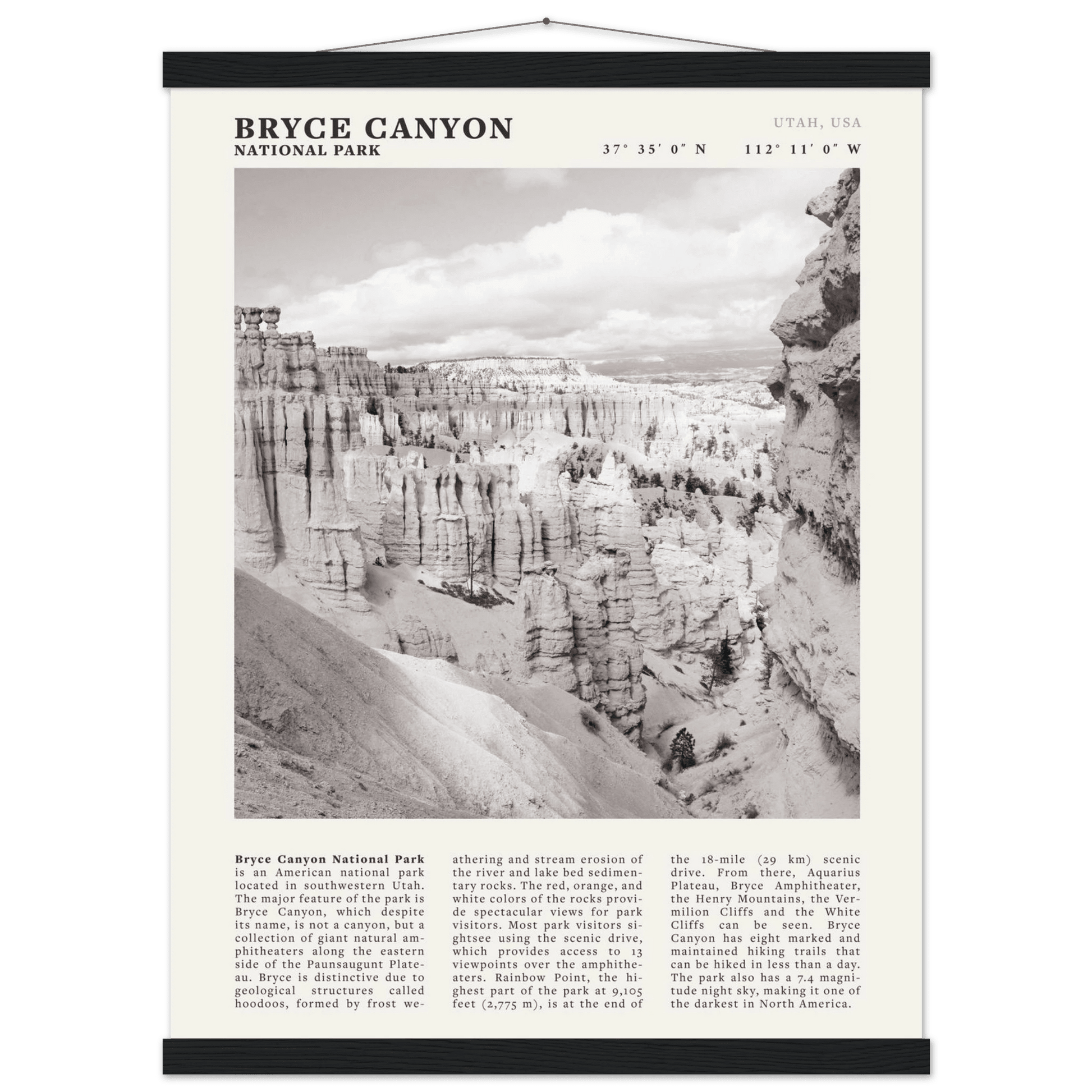 Bryce Canyon National Park Poster | Black & White Utah Hoodoos Wall Art Print - Evergreen Posters - 66