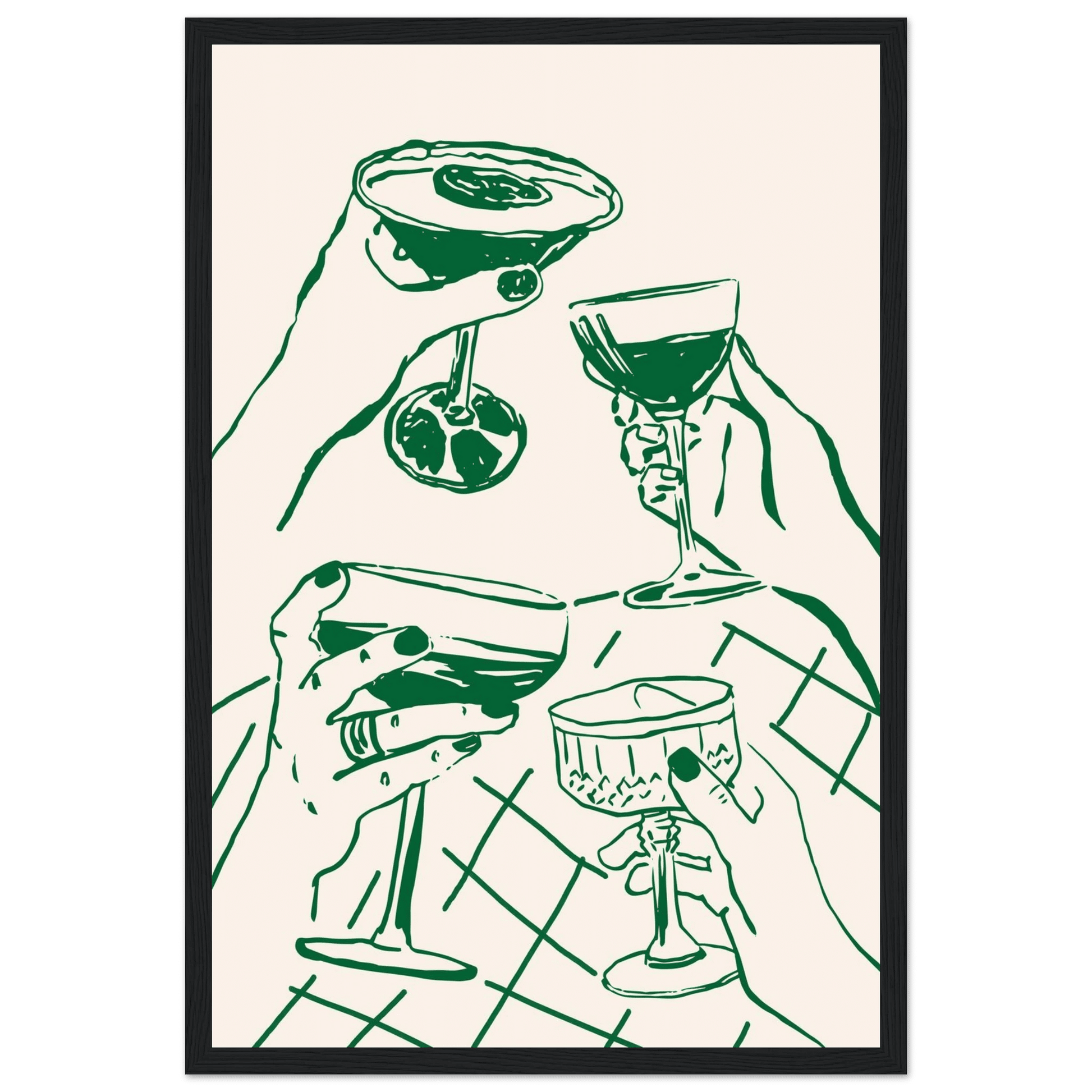 Cheers Print | Forest Green Cocktail Glasses Wall Art | Kitchen Bar Poster - Evergreen Posters