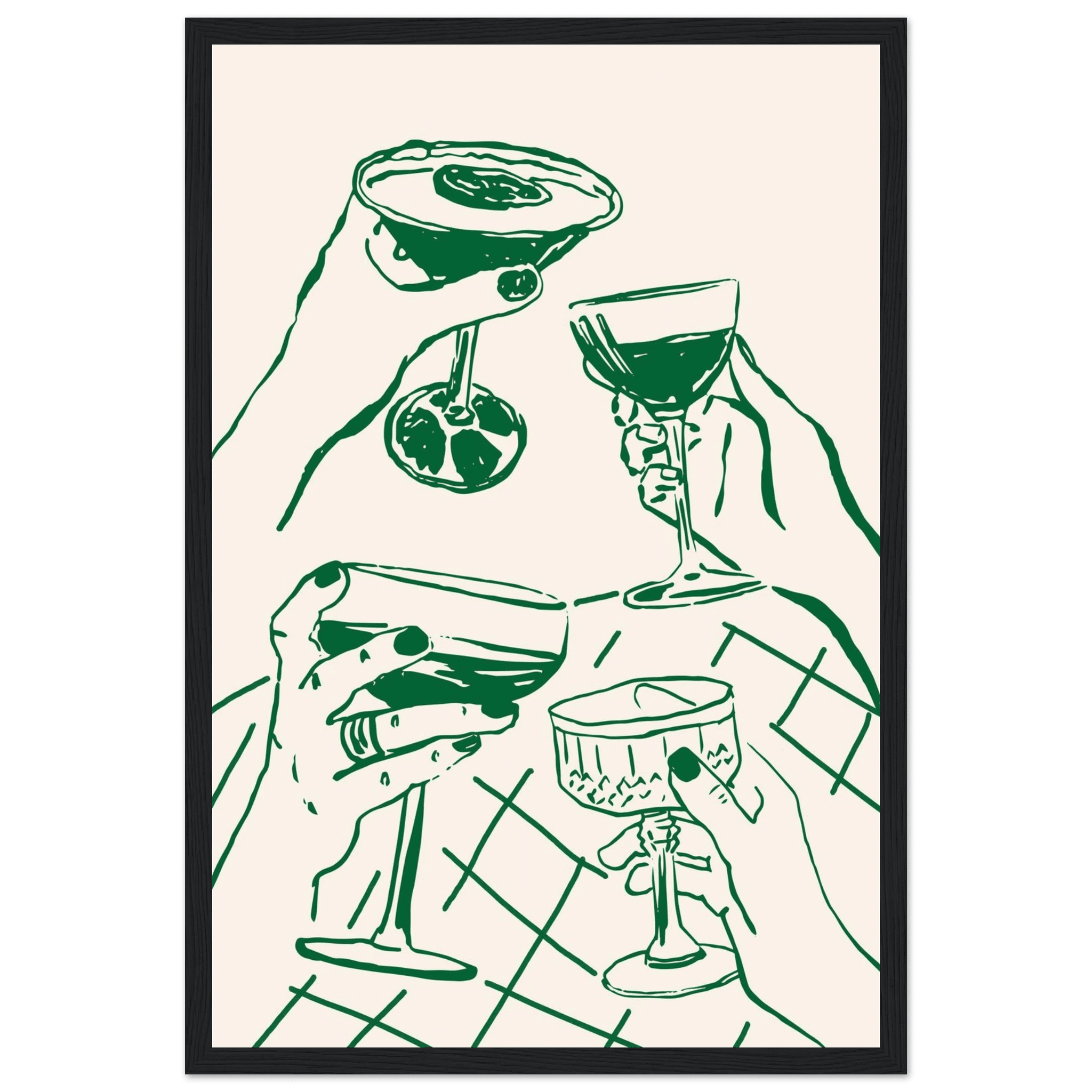 Cheers Print | Forest Green Cocktail Glasses Wall Art | Kitchen Bar Poster - Evergreen Posters
