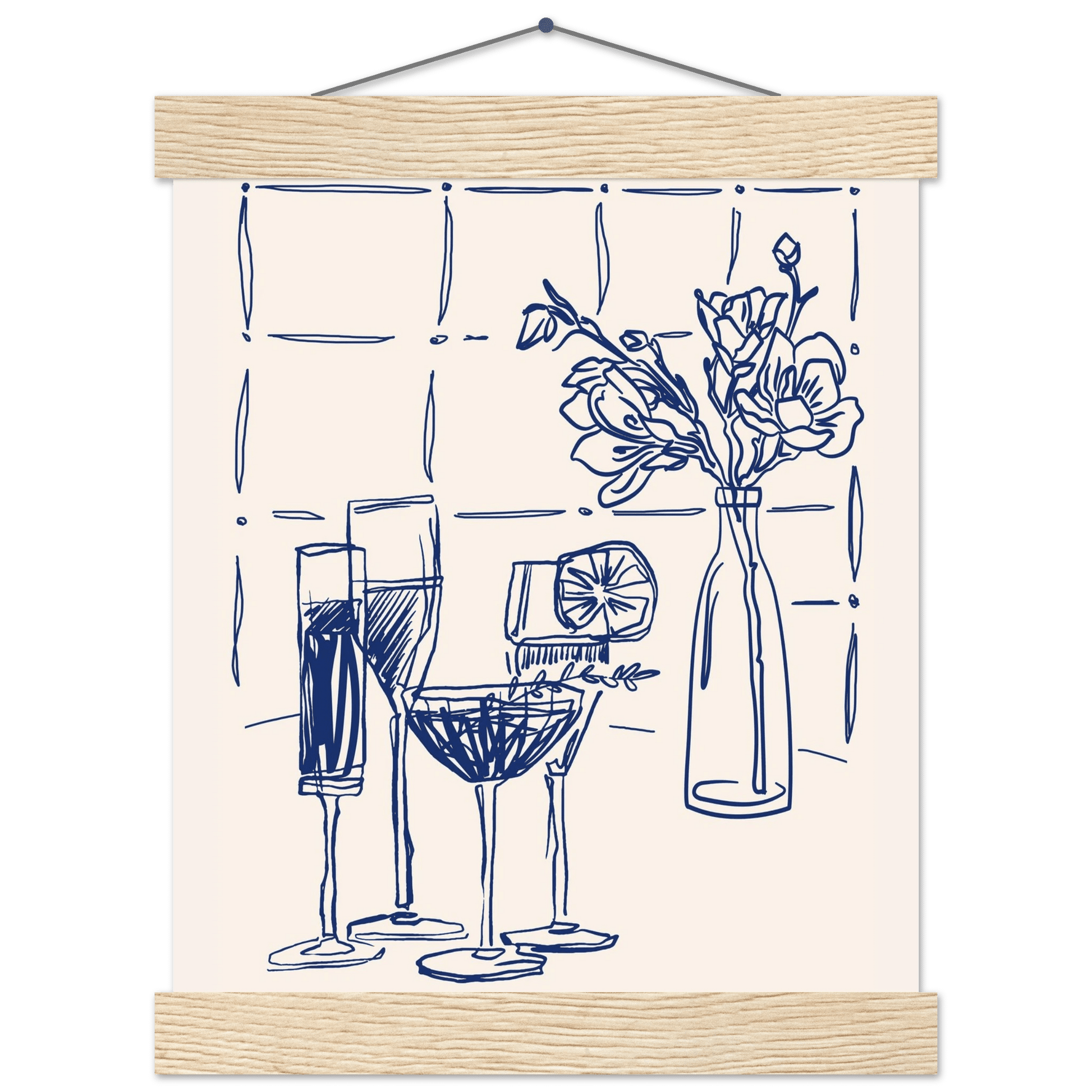 Cocktails & Flowers Print | Navy Blue Line Art Drinks Wall Art | Kitchen Bar Poster - Evergreen Posters