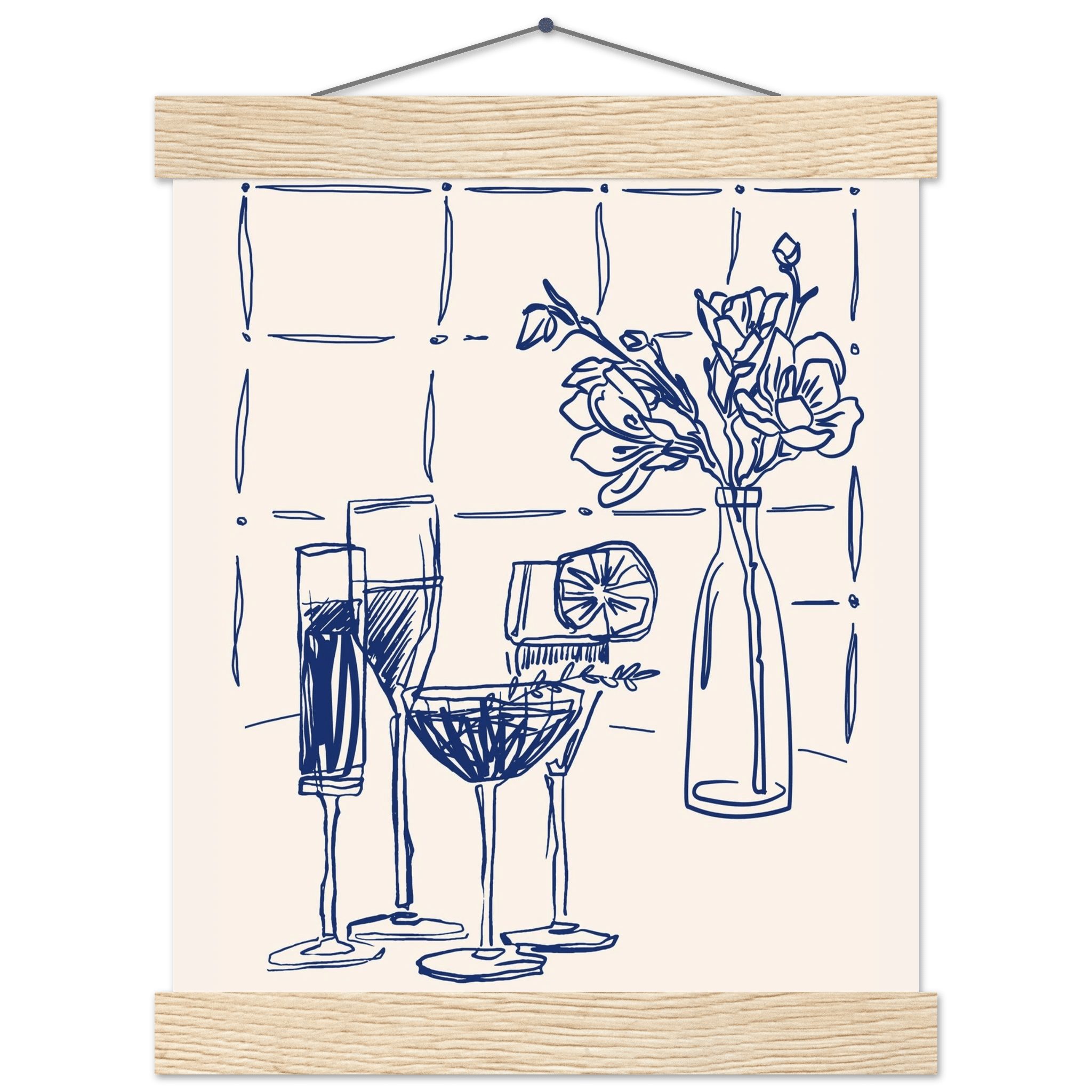 Cocktails & Flowers Print | Navy Blue Line Art Drinks Wall Art | Kitchen Bar Poster - Evergreen Posters