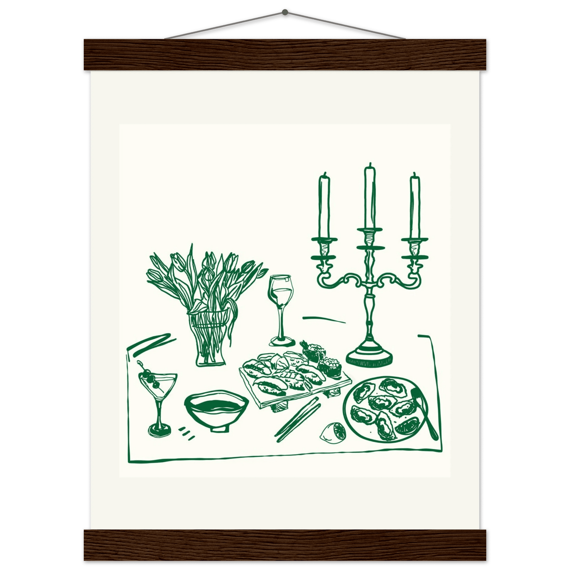 Fine Dining Table Print | Green Line Art Kitchen Wall Art | Elegant Dining Room Poster - Evergreen Posters