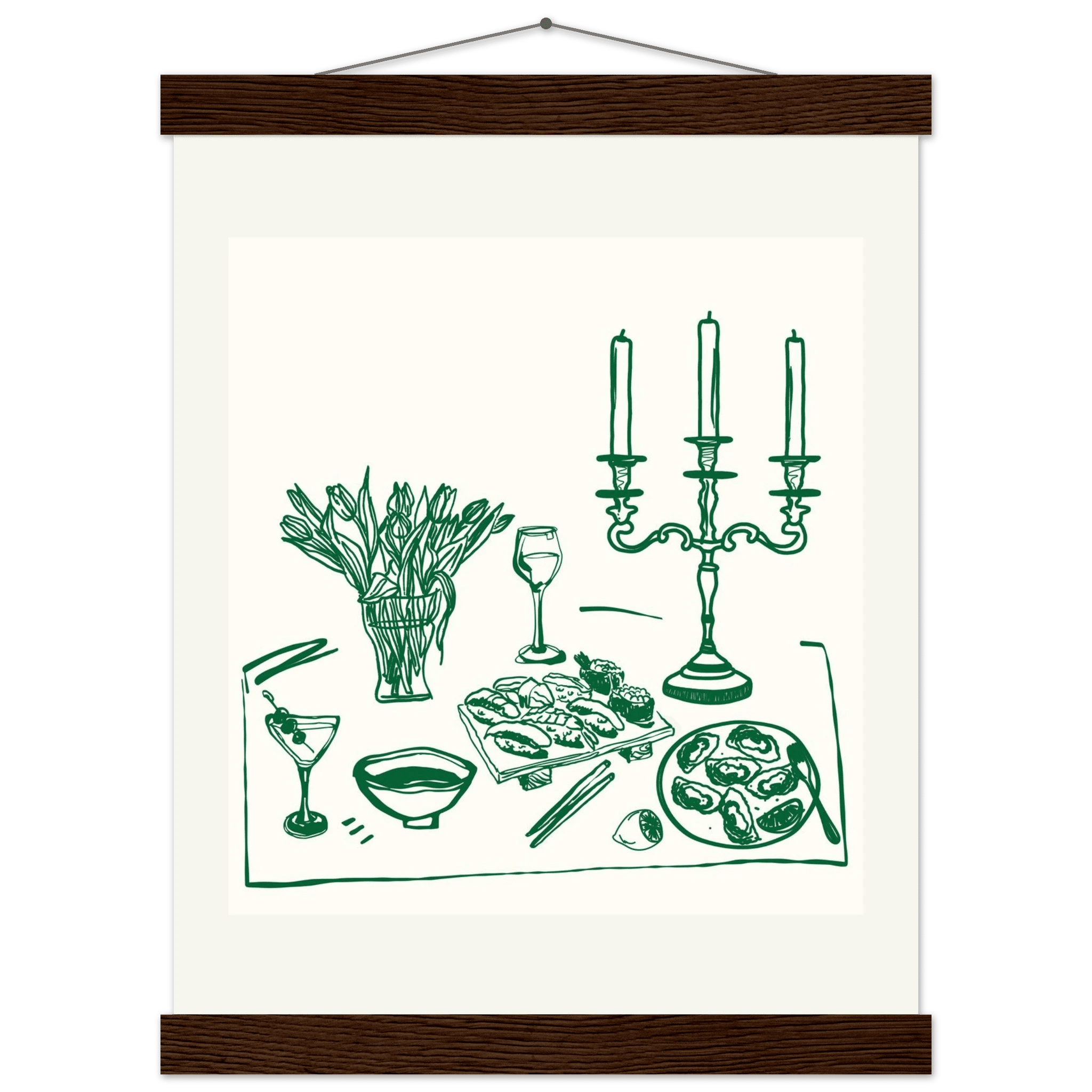 Fine Dining Table Print | Green Line Art Kitchen Wall Art | Elegant Dining Room Poster - Evergreen Posters