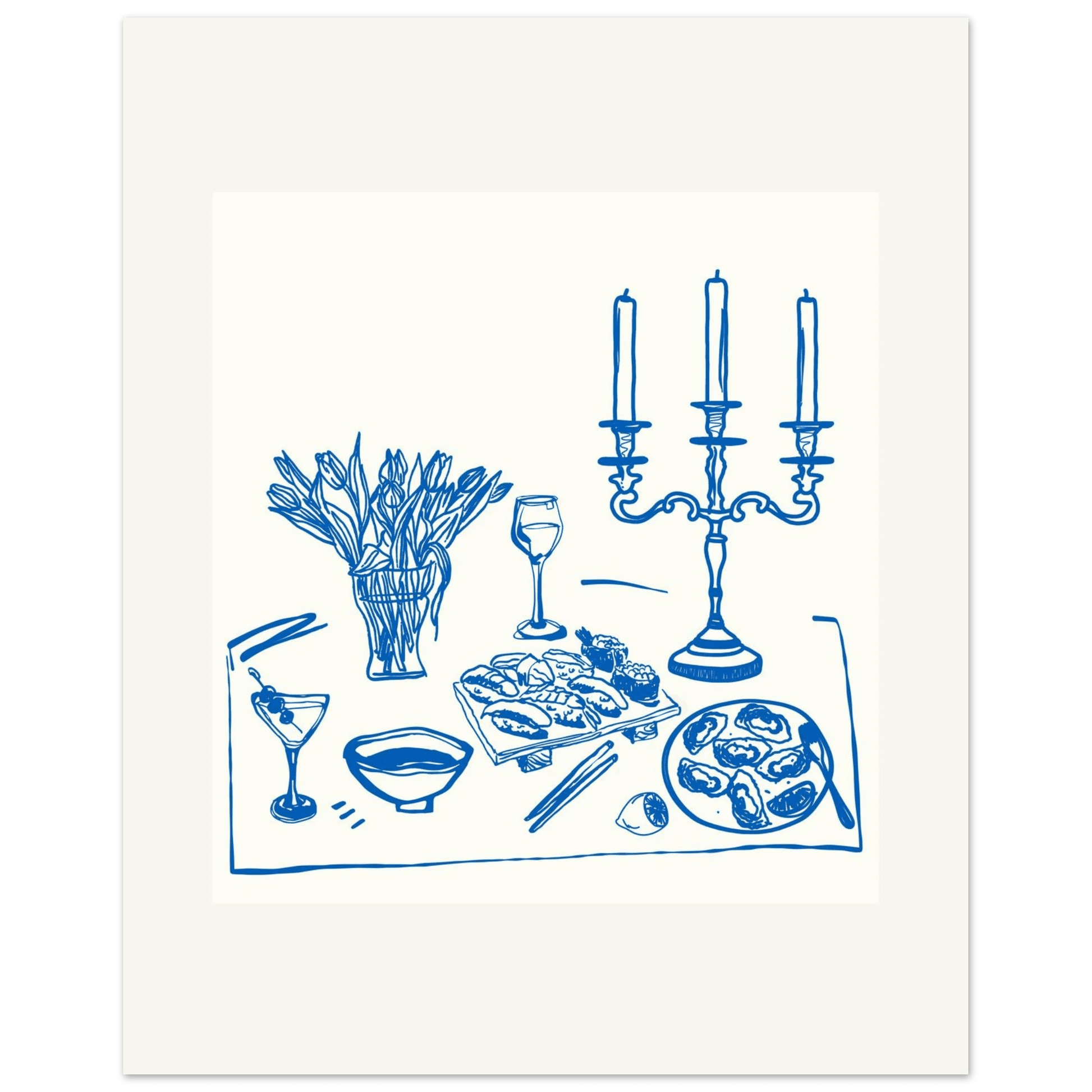 Fine Dining Table Print | Blue Line Art Kitchen Wall Art | Elegant Dining Room Poster - Evergreen Posters