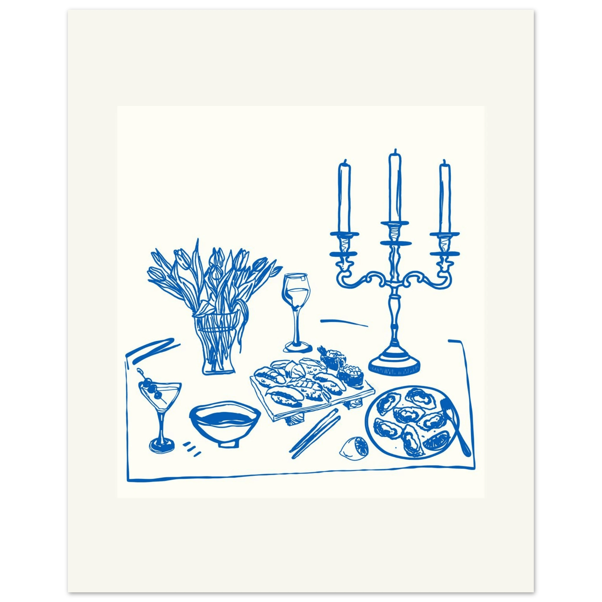 Fine Dining Table Print | Blue Line Art Kitchen Wall Art | Elegant Dining Room Poster - Evergreen Posters