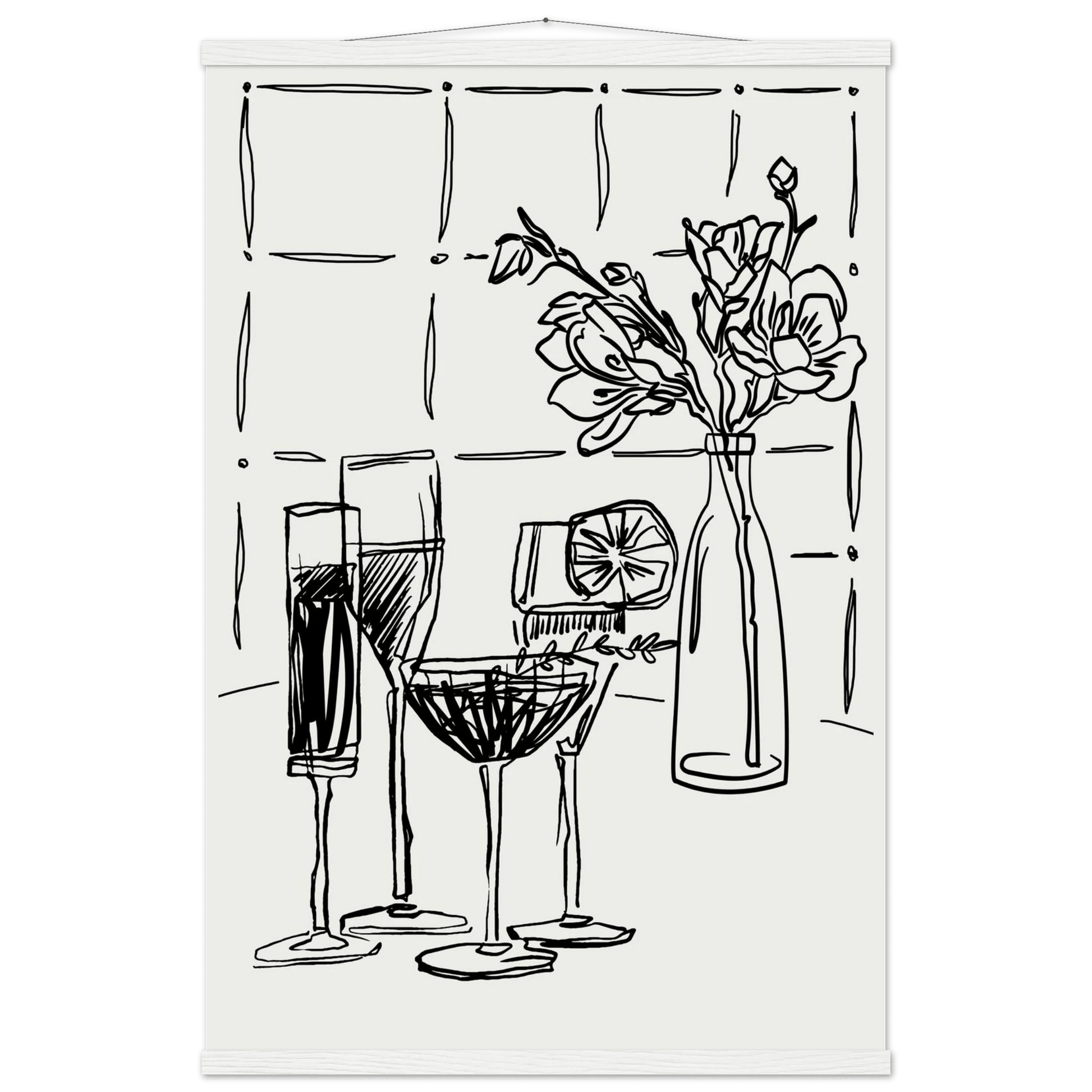 Cocktails & Flowers Print | Black Line Art Drinks Wall Art | Kitchen Bar Poster - Evergreen Posters