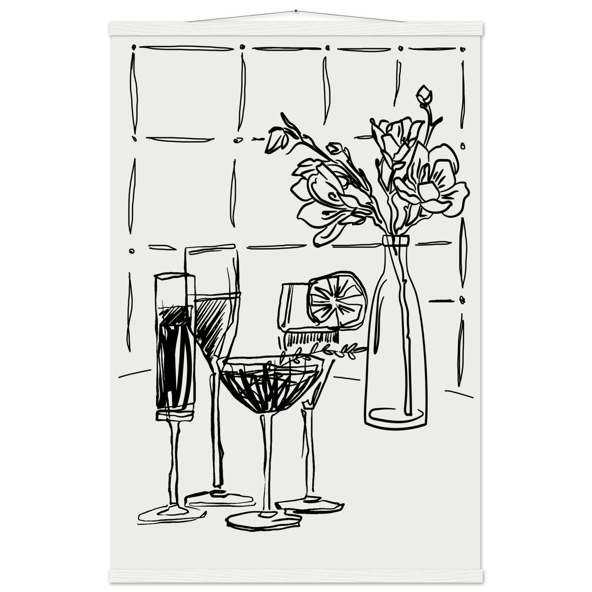 Cocktails & Flowers Print | Black Line Art Drinks Wall Art | Kitchen Bar Poster - Evergreen Posters