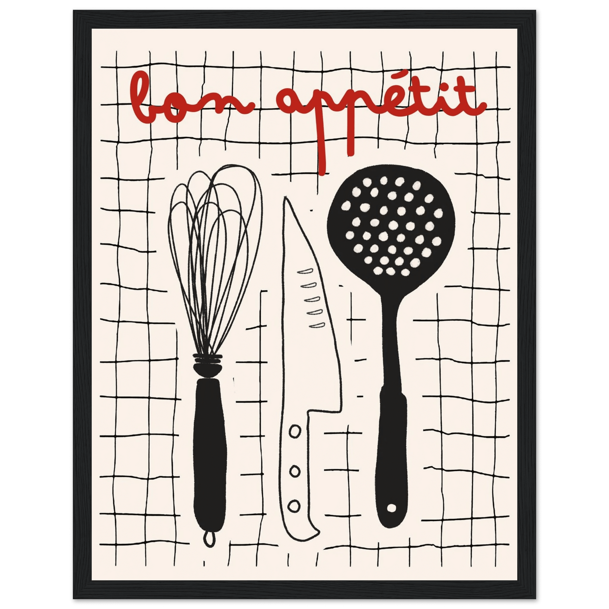 Bon Appétit French Kitchen Print | Bold Black Red Wall Art Poster - Evergreen Posters