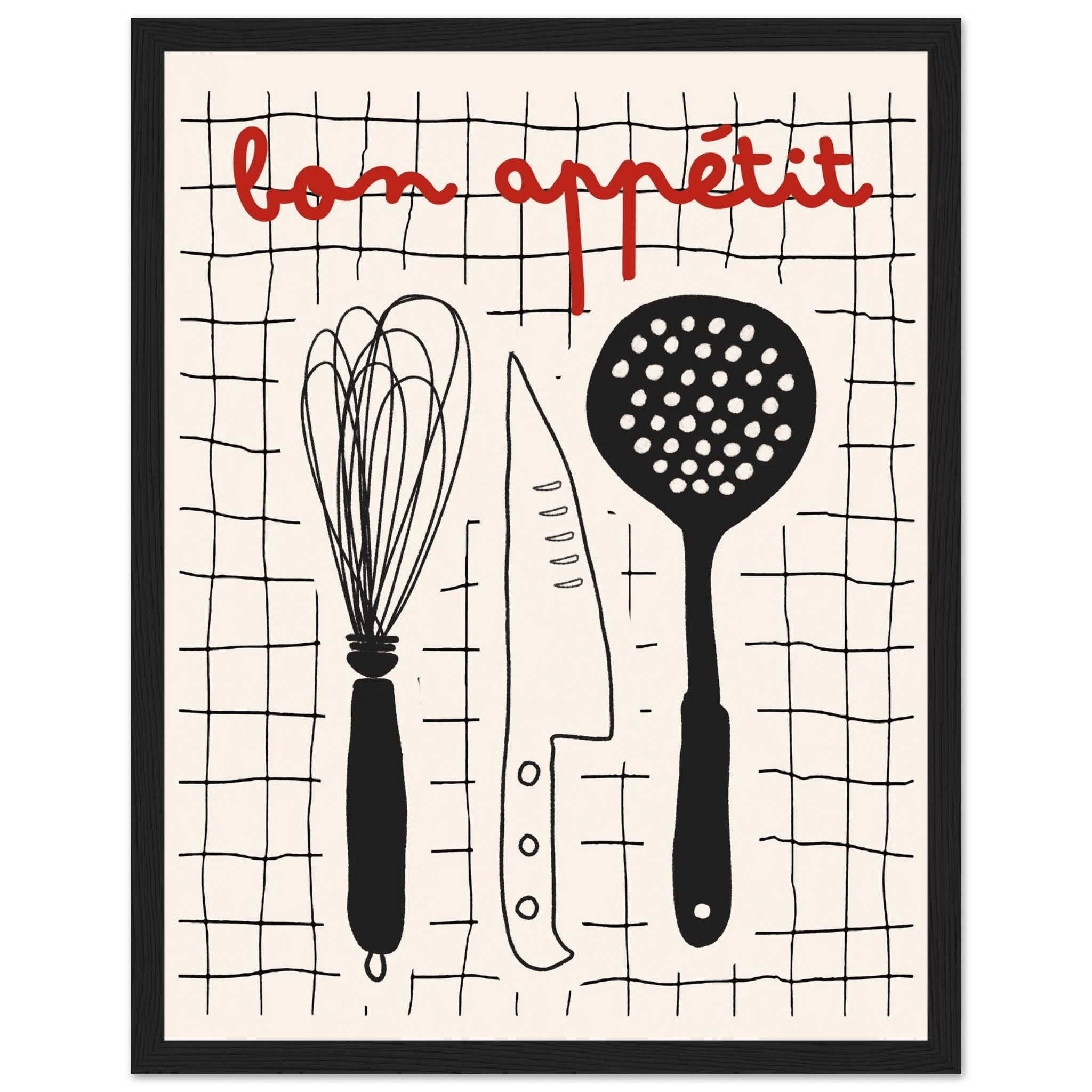 Bon Appétit French Kitchen Print | Bold Black Red Wall Art Poster - Evergreen Posters