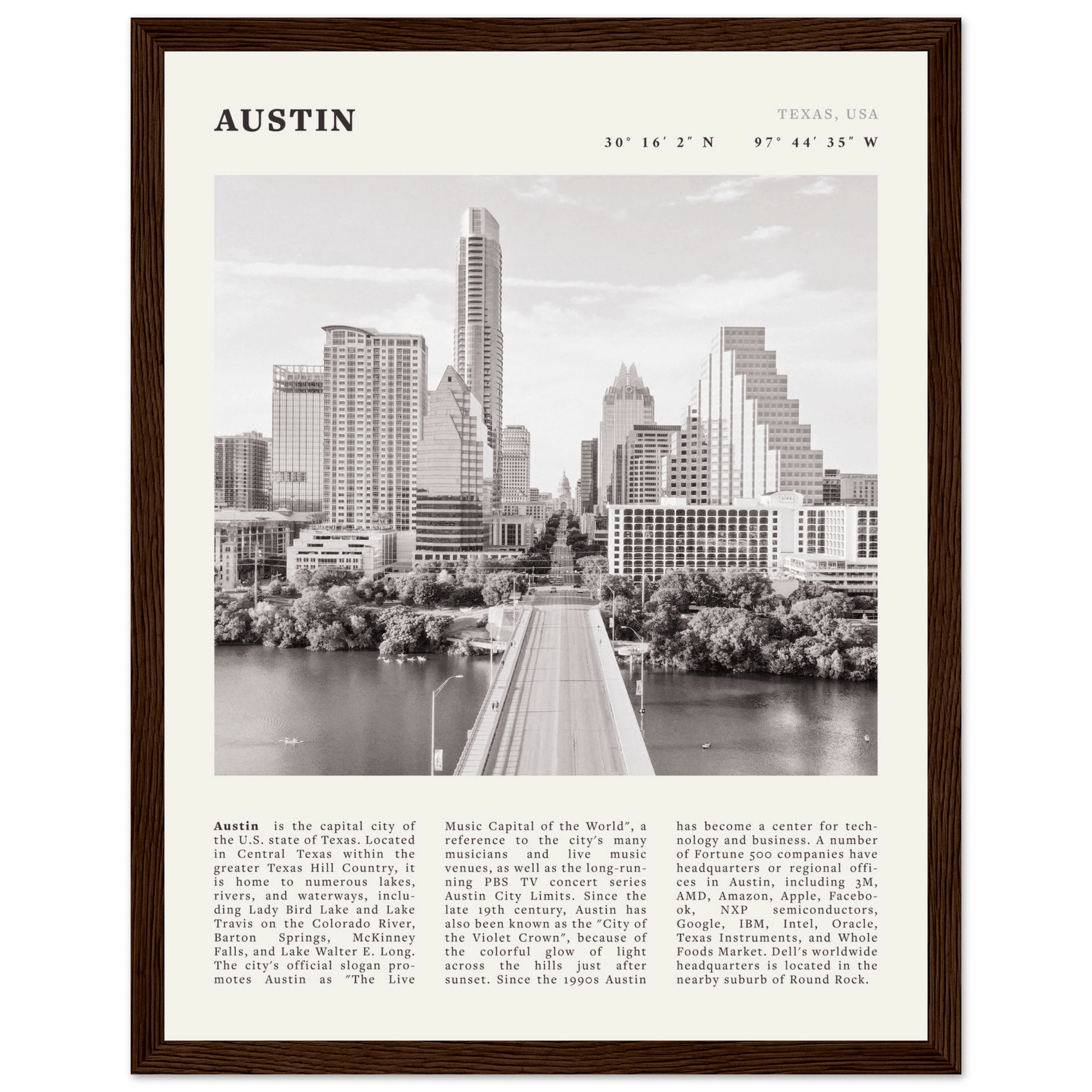 Austin Poster | Black & White Texas Skyline Wall Art | City Travel Print Decor - Evergreen Posters