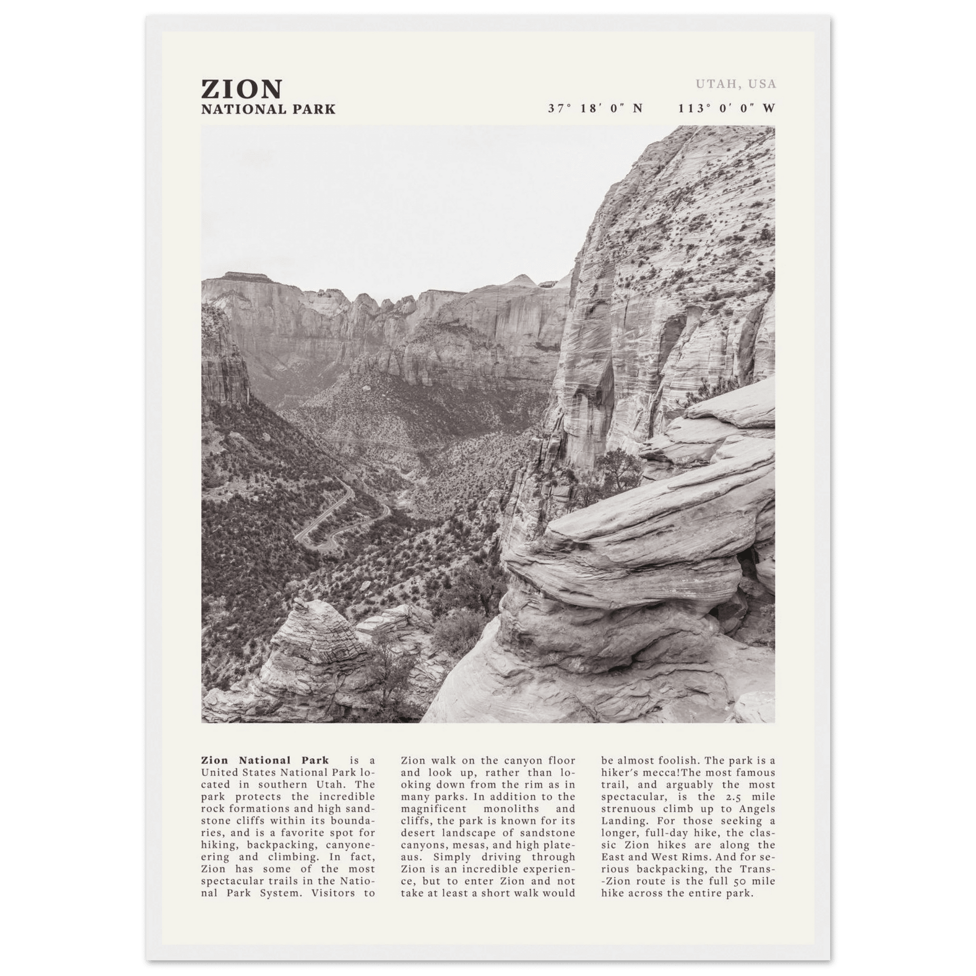 Zion National Park Poster | Black & White Utah Canyon Wall Art | USA Travel Print - Evergreen Posters