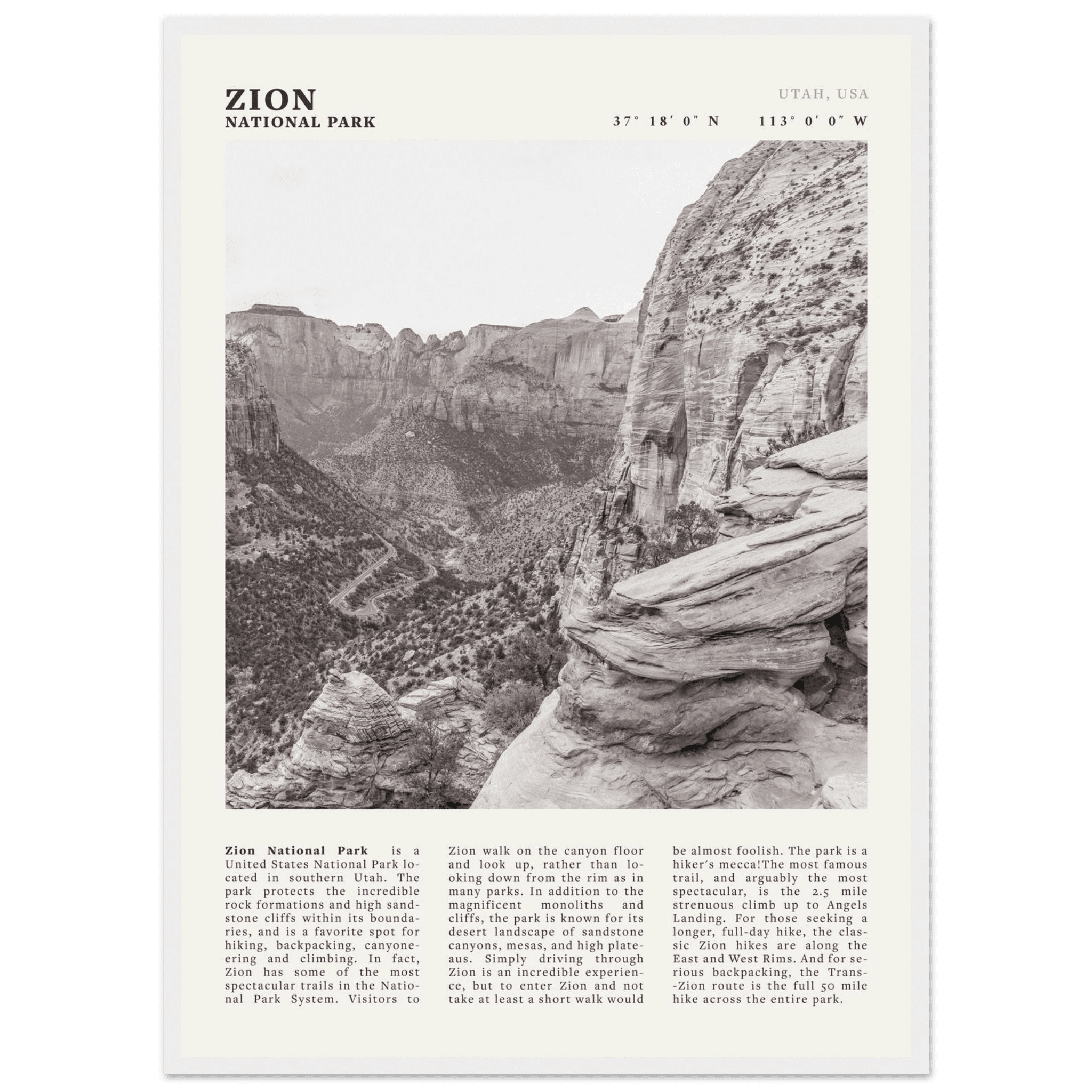 Zion National Park Poster | Black & White Utah Canyon Wall Art | USA Travel Print - Evergreen Posters