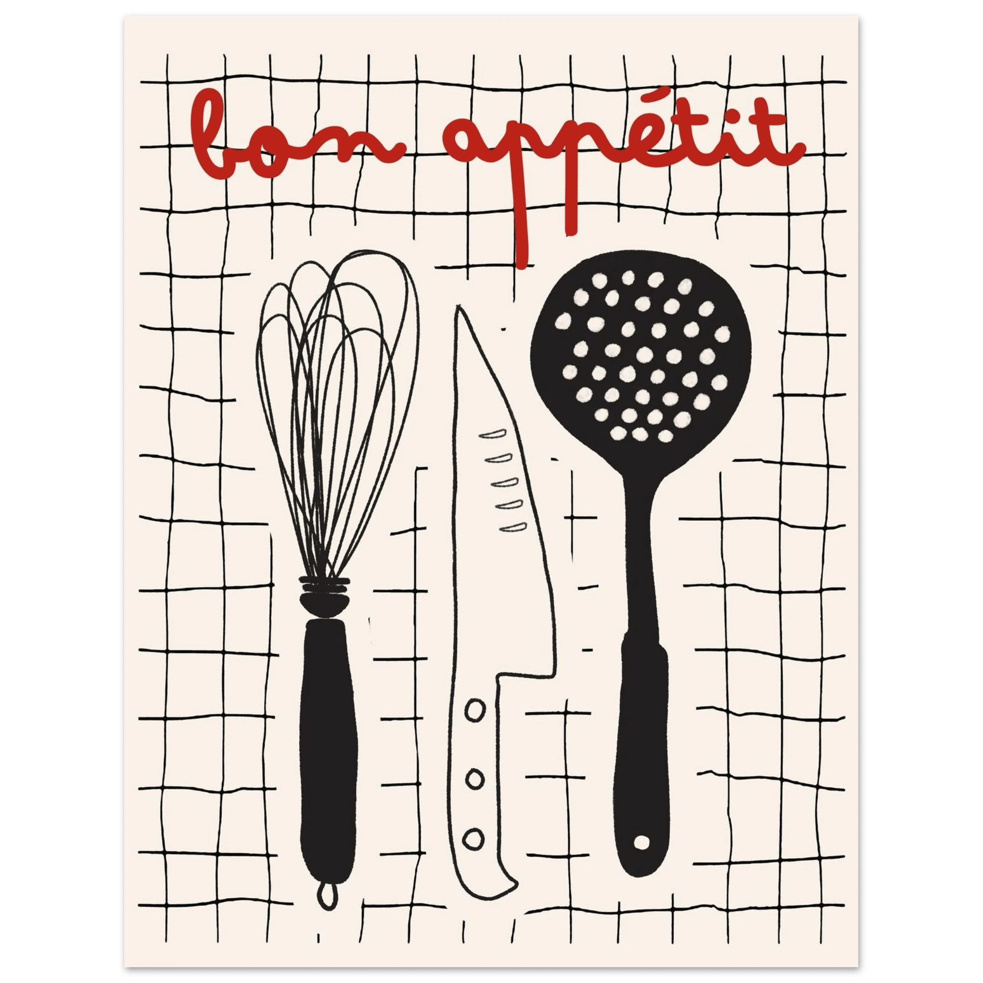 Bon Appétit French Kitchen Print | Bold Black Red Wall Art Poster - Evergreen Posters
