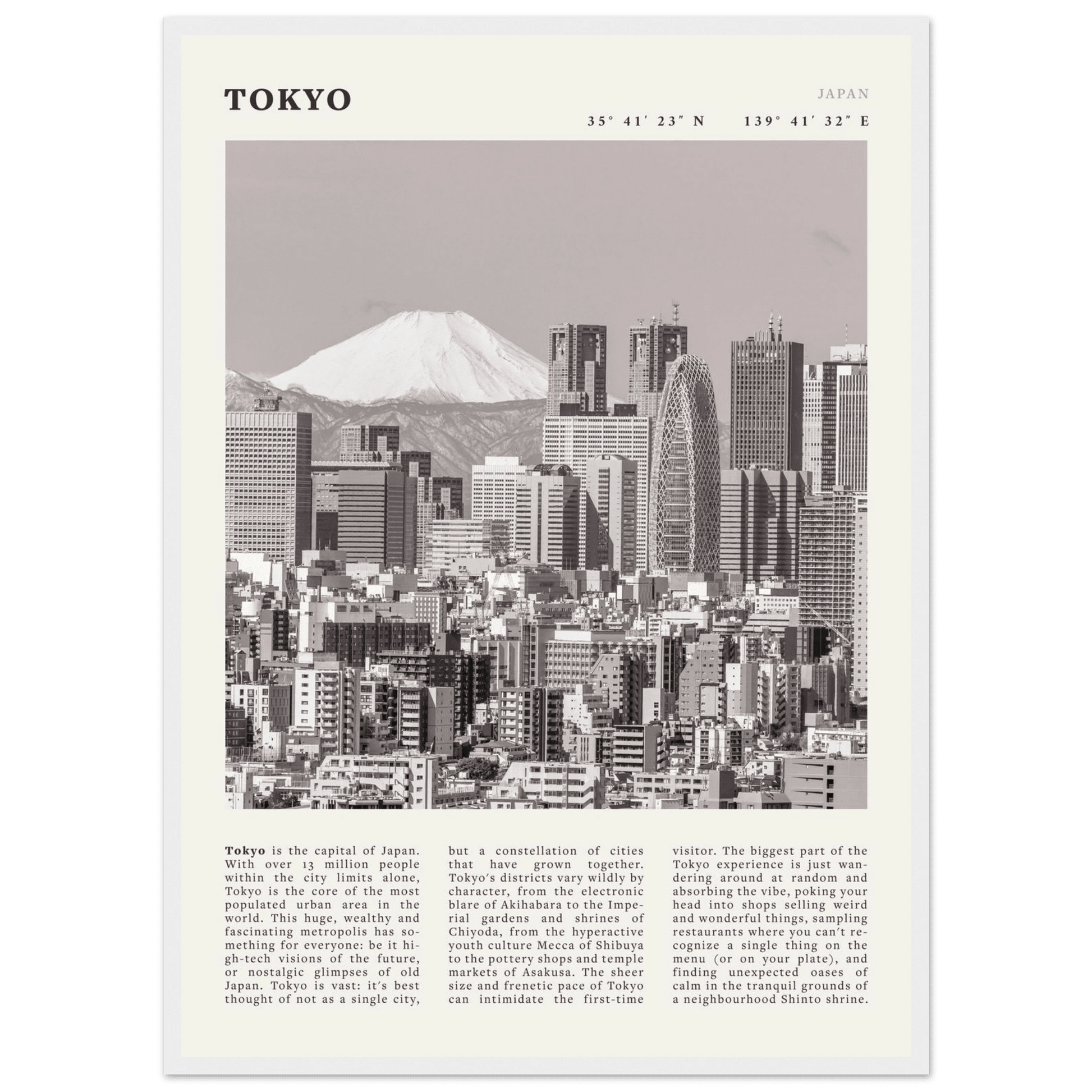 Tokyo Poster | Black & White Mount Fuji Skyline Wall Art | Japan Travel Print - Evergreen Posters