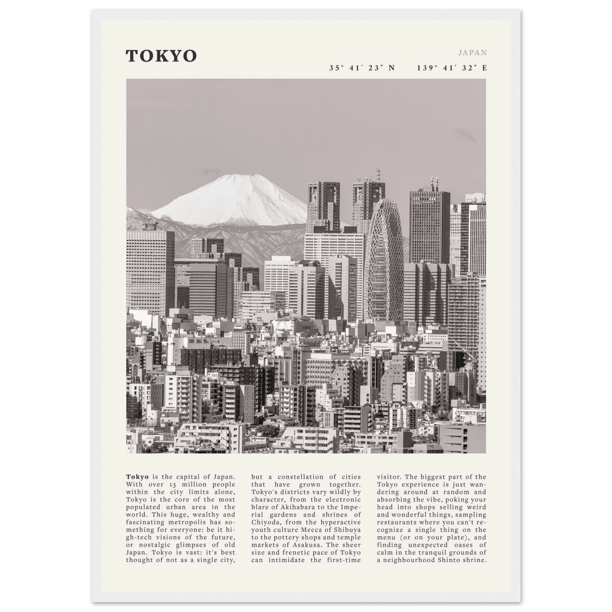 Tokyo Poster | Black & White Mount Fuji Skyline Wall Art | Japan Travel Print - Evergreen Posters