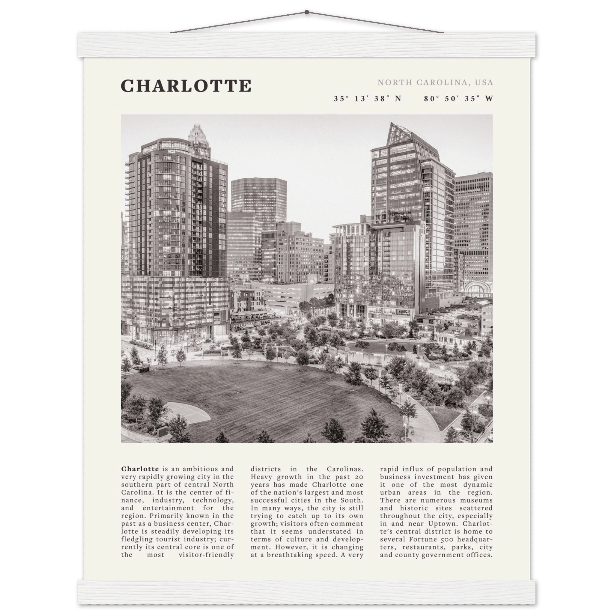 Charlotte Poster | Black & White North Carolina Skyline Wall Art | NC Travel Print - Evergreen Posters