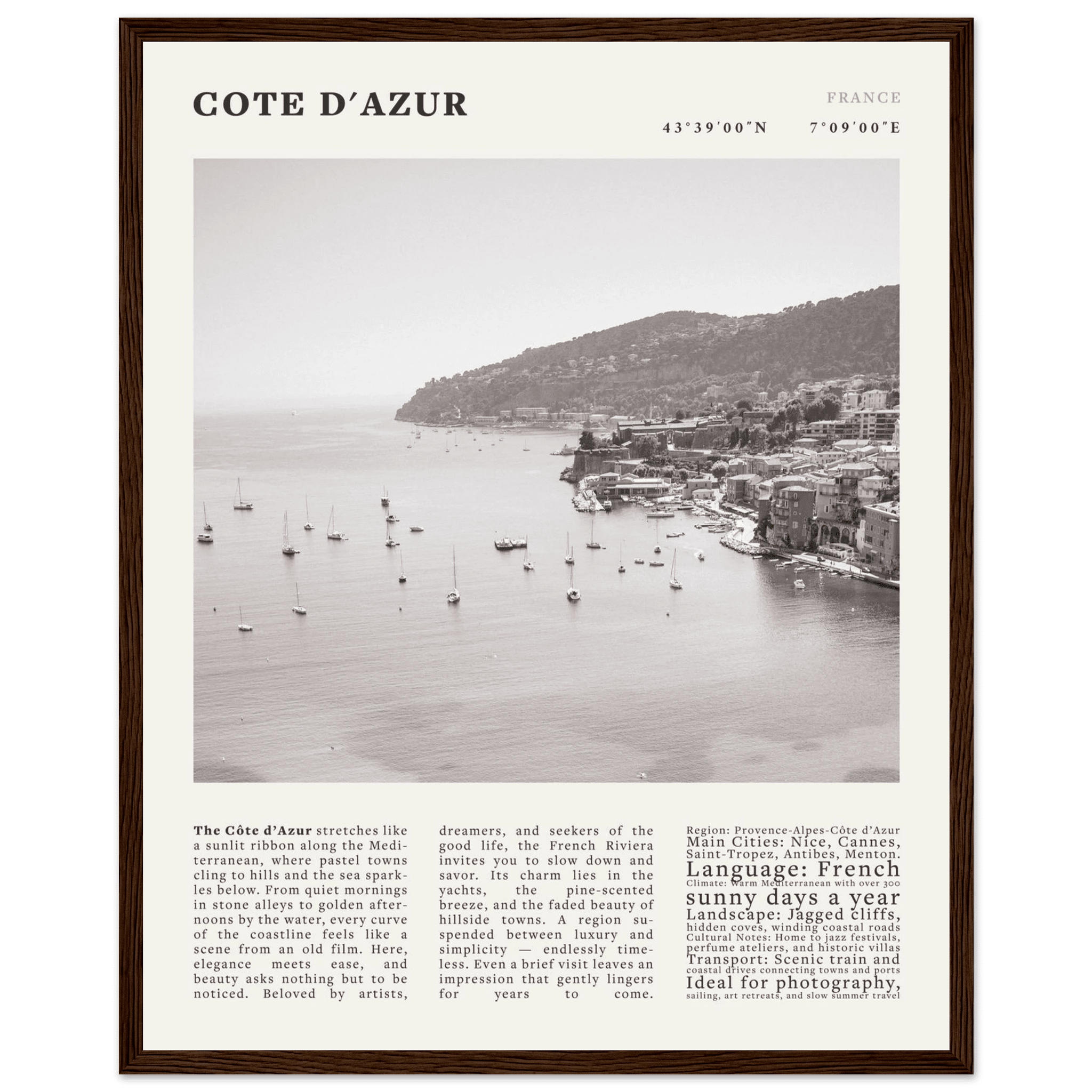 Côte d'Azur Poster Black and White – Vintage French Riviera Coast Print (Digital & Printed Options) - Evergreen Posters