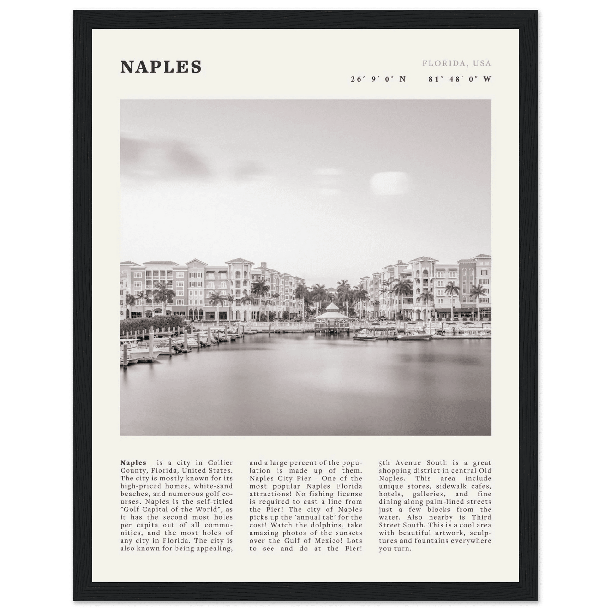 Naples Florida Poster | Black & White Gulf Coast Wall Art | FL Travel Print - Evergreen Posters