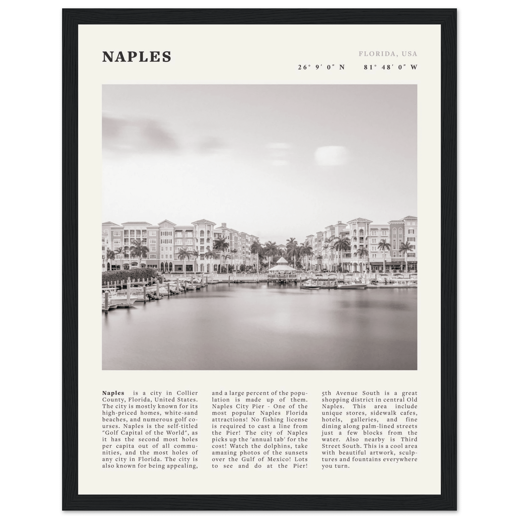 Naples Florida Poster | Black & White Gulf Coast Wall Art | FL Travel Print - Evergreen Posters