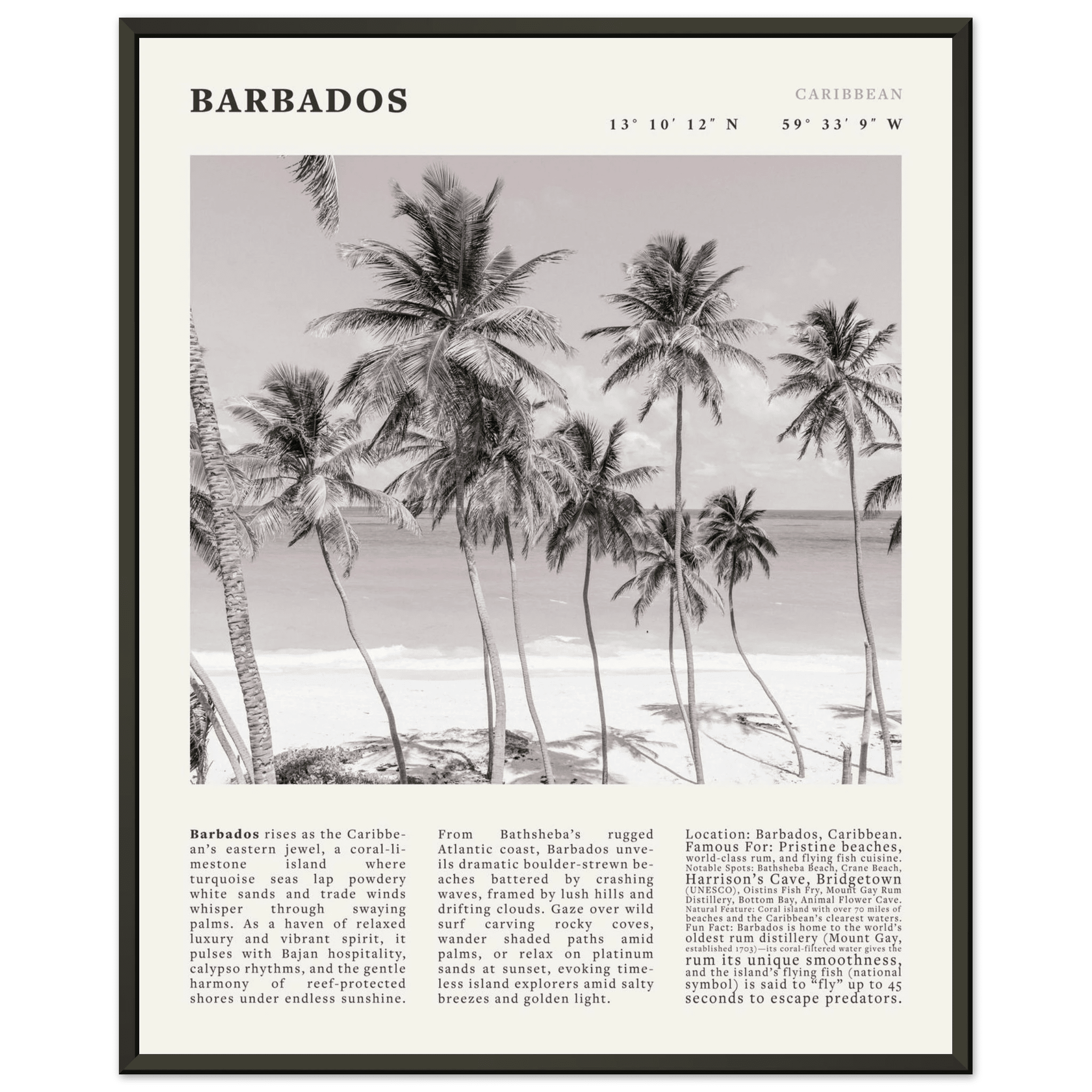 Barbados Poster Black and White – Vintage Caribbean Palm Beach Print (Digital & Printed Options) - Evergreen Posters