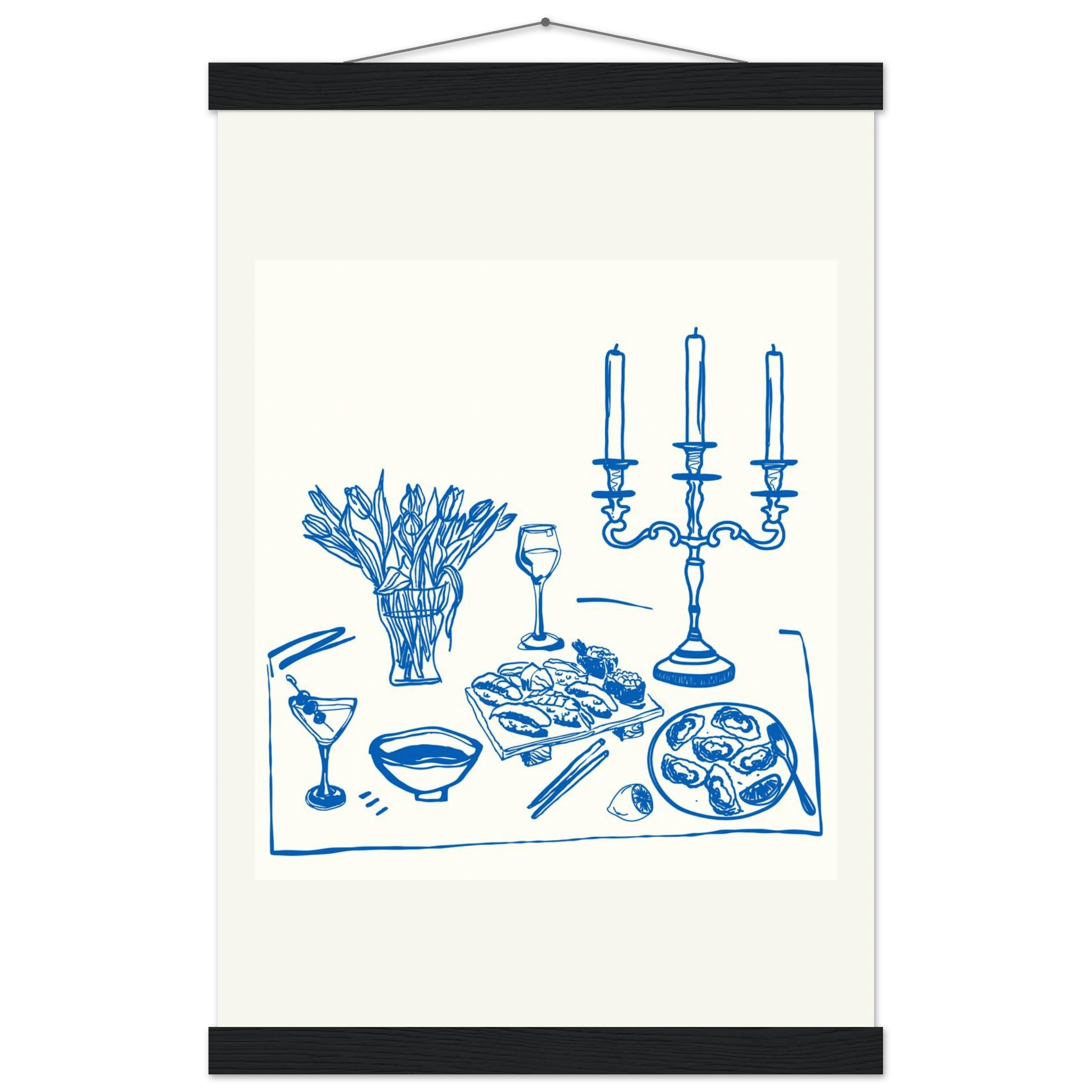 Fine Dining Table Print | Blue Line Art Kitchen Wall Art | Elegant Dining Room Poster - Evergreen Posters