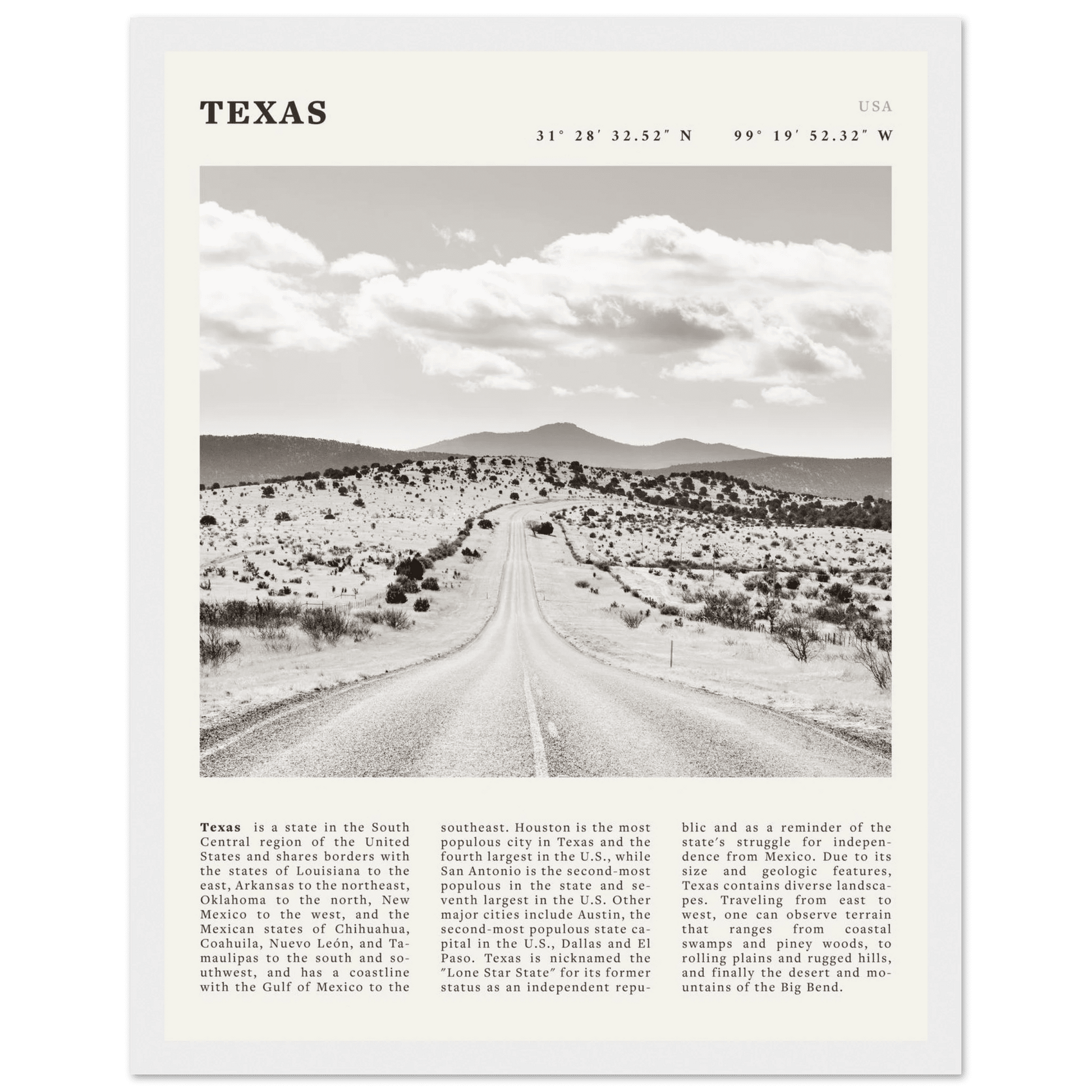 Texas Poster | Black & White Lone Star Road Wall Art | USA Travel Print Decor - Evergreen Posters