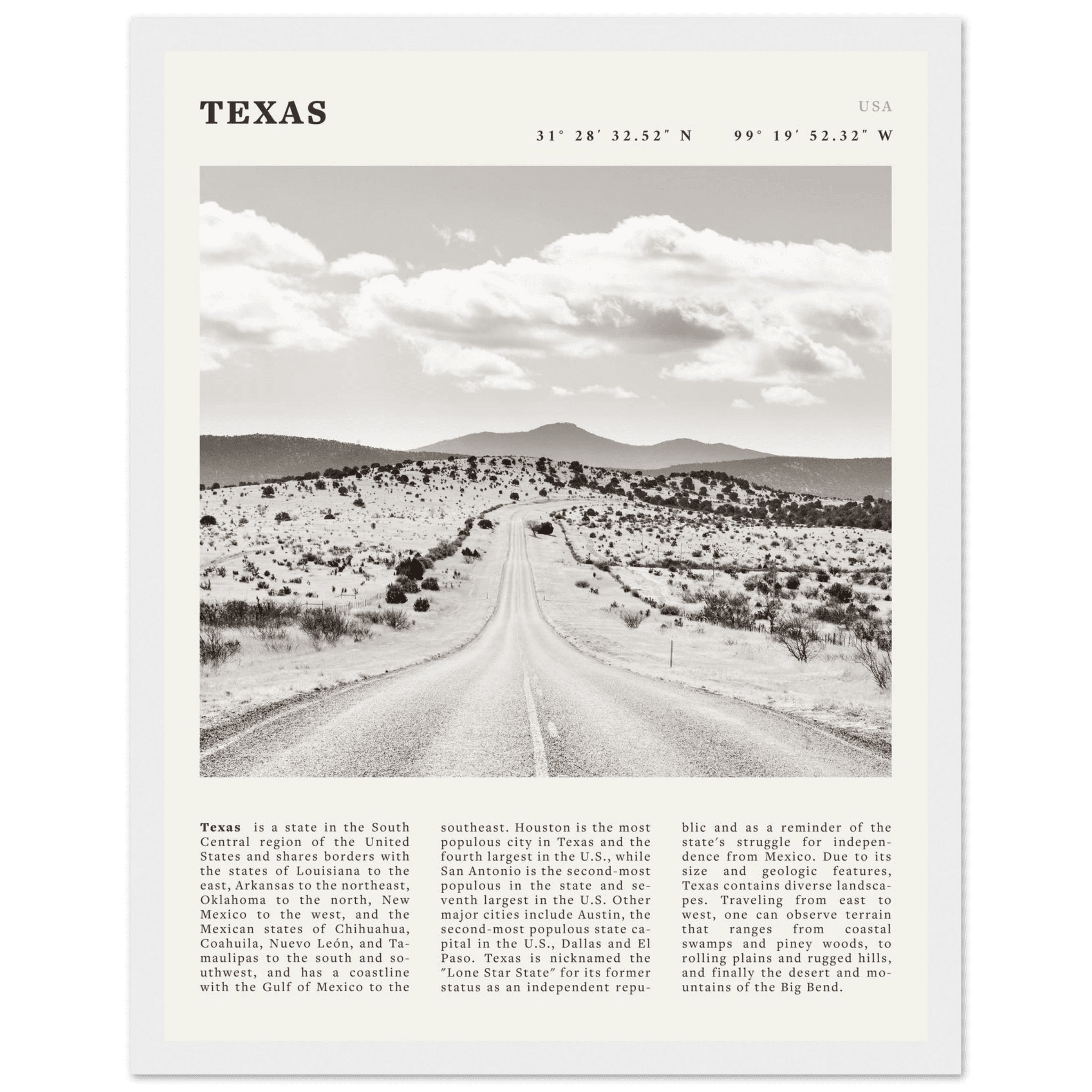 Texas Poster | Black & White Lone Star Road Wall Art | USA Travel Print Decor - Evergreen Posters