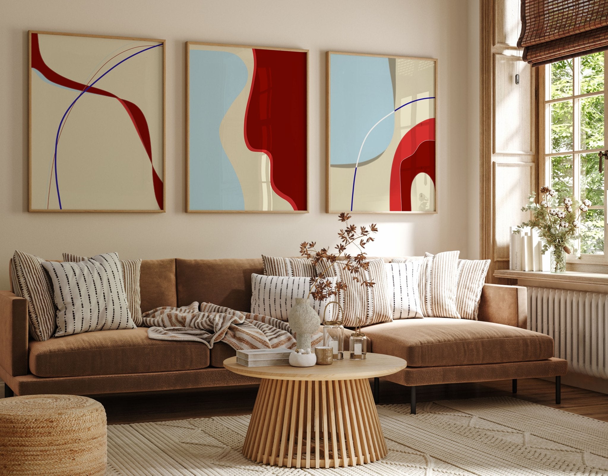 Set of 3 Abstract Prints | Red Blue Cream Modern Wall Art | Living Room Poster Set - Evergreen Posters