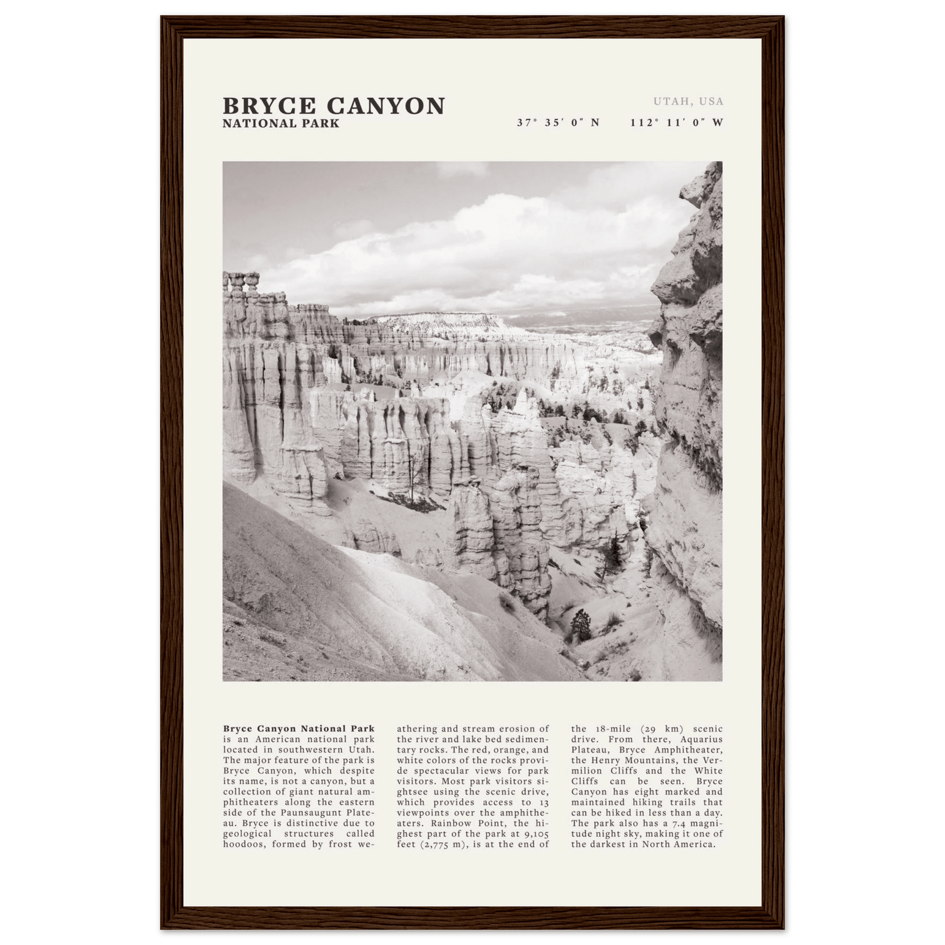Bryce Canyon National Park Poster | Black & White Utah Hoodoos Wall Art Print - Evergreen Posters - 21