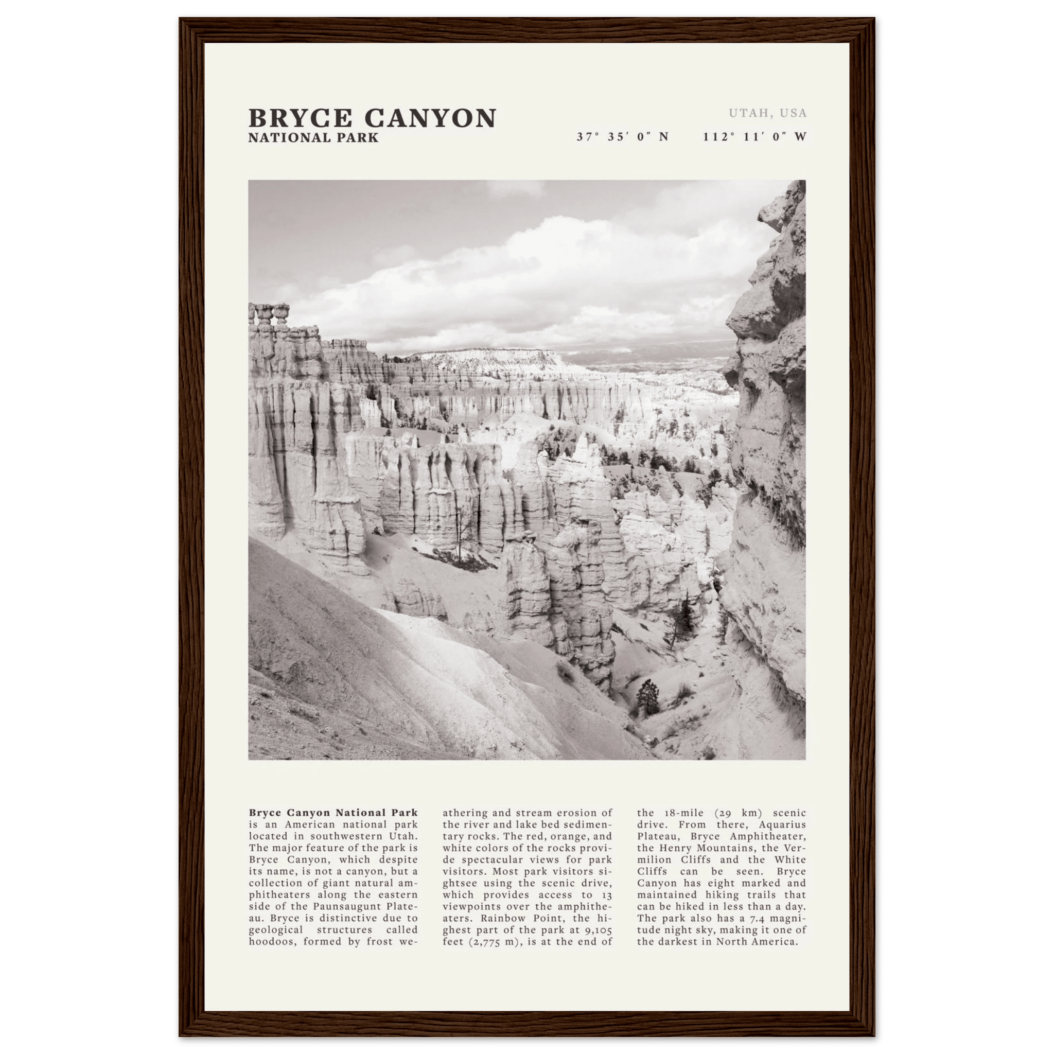 Bryce Canyon National Park Poster | Black & White Utah Hoodoos Wall Art Print - Evergreen Posters - 21