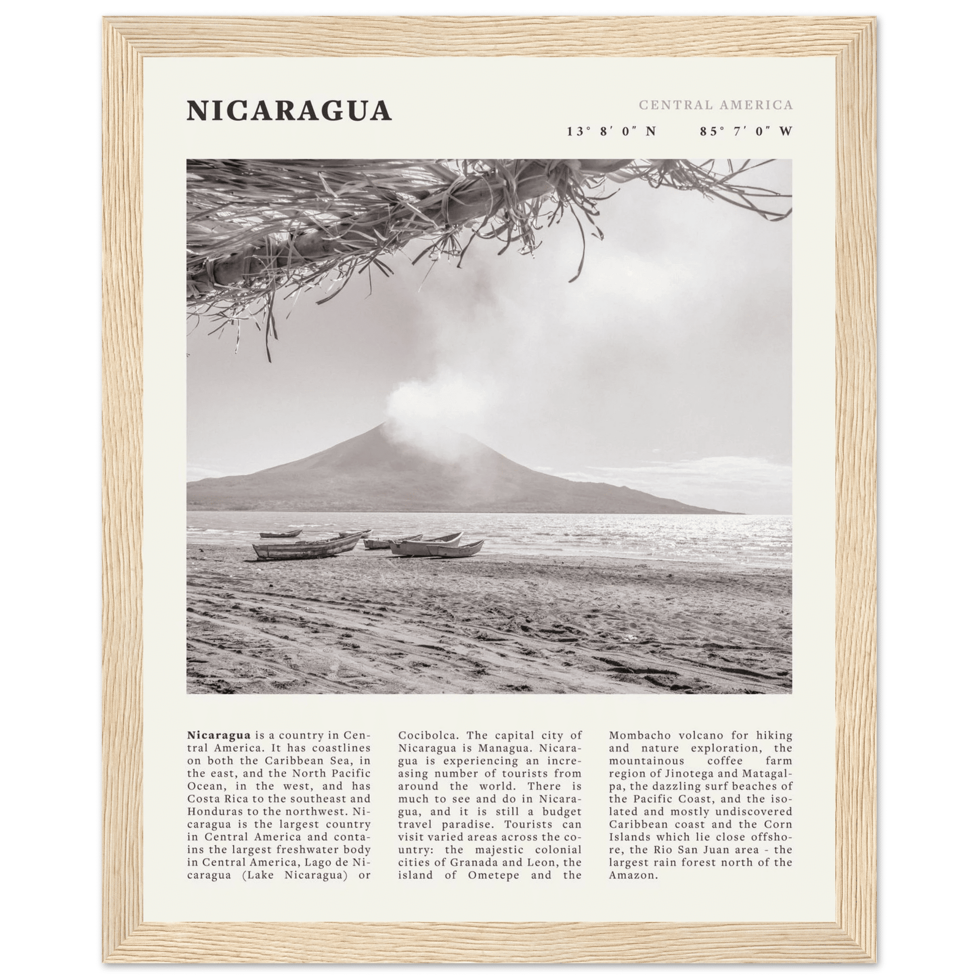 Nicaragua Poster | Black & White Volcano Wall Art | Central America Travel Print - Evergreen Posters