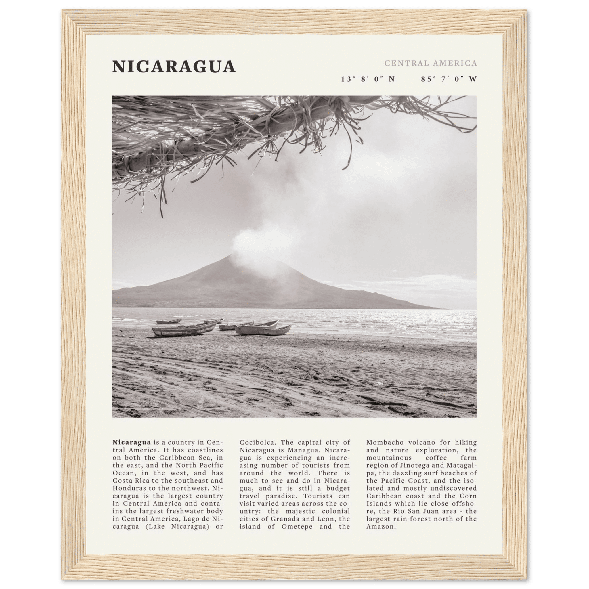 Nicaragua Poster | Black & White Volcano Wall Art | Central America Travel Print - Evergreen Posters