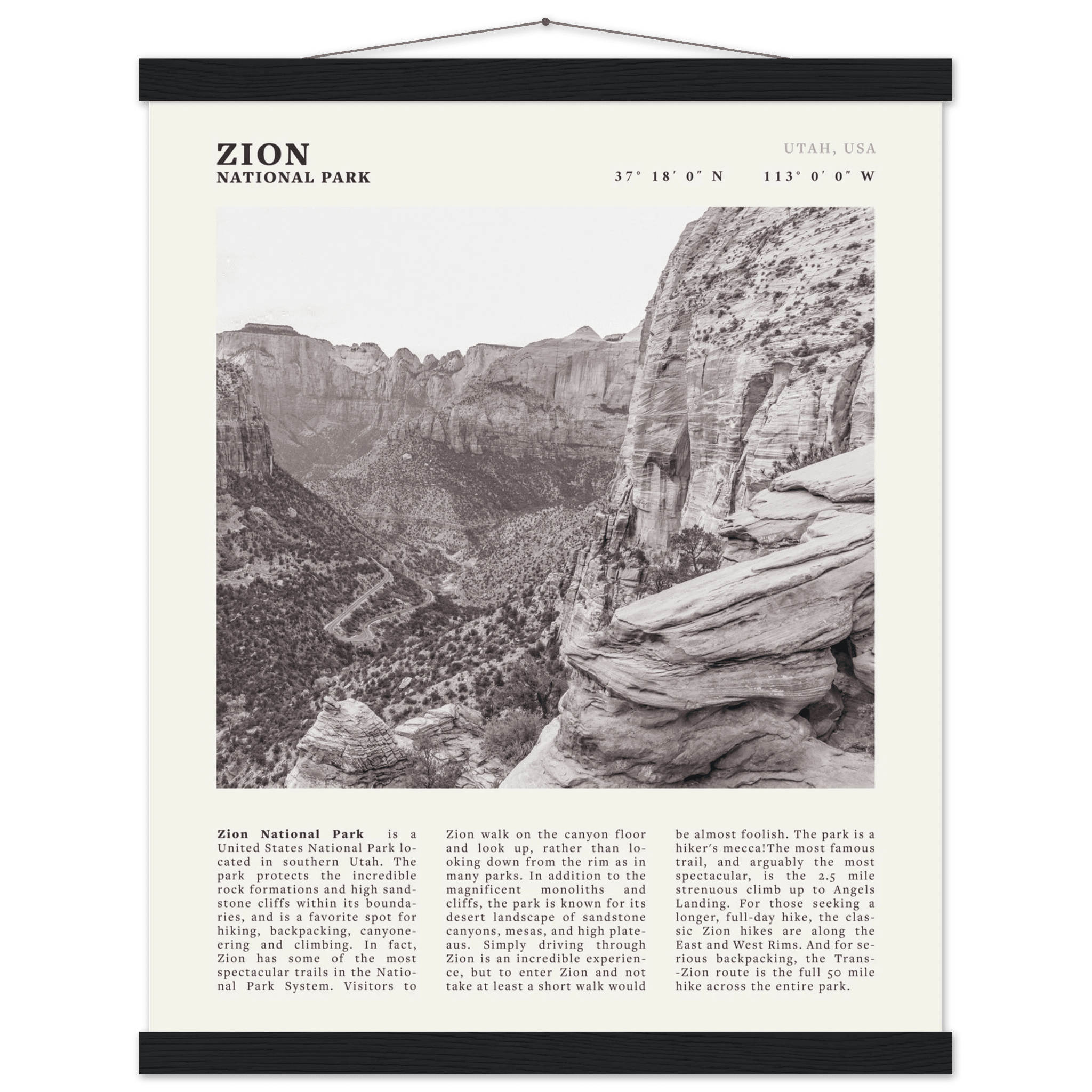 Zion National Park Poster | Black & White Utah Canyon Wall Art | USA Travel Print - Evergreen Posters