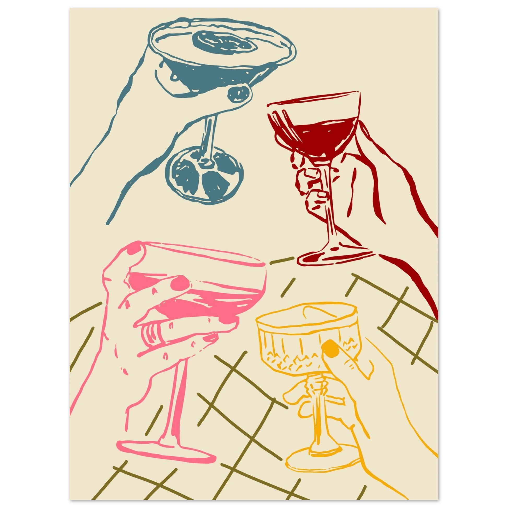 Cheers Print | Colourful Cocktail Glasses Wall Art | Kitchen Bar Poster - Evergreen Posters