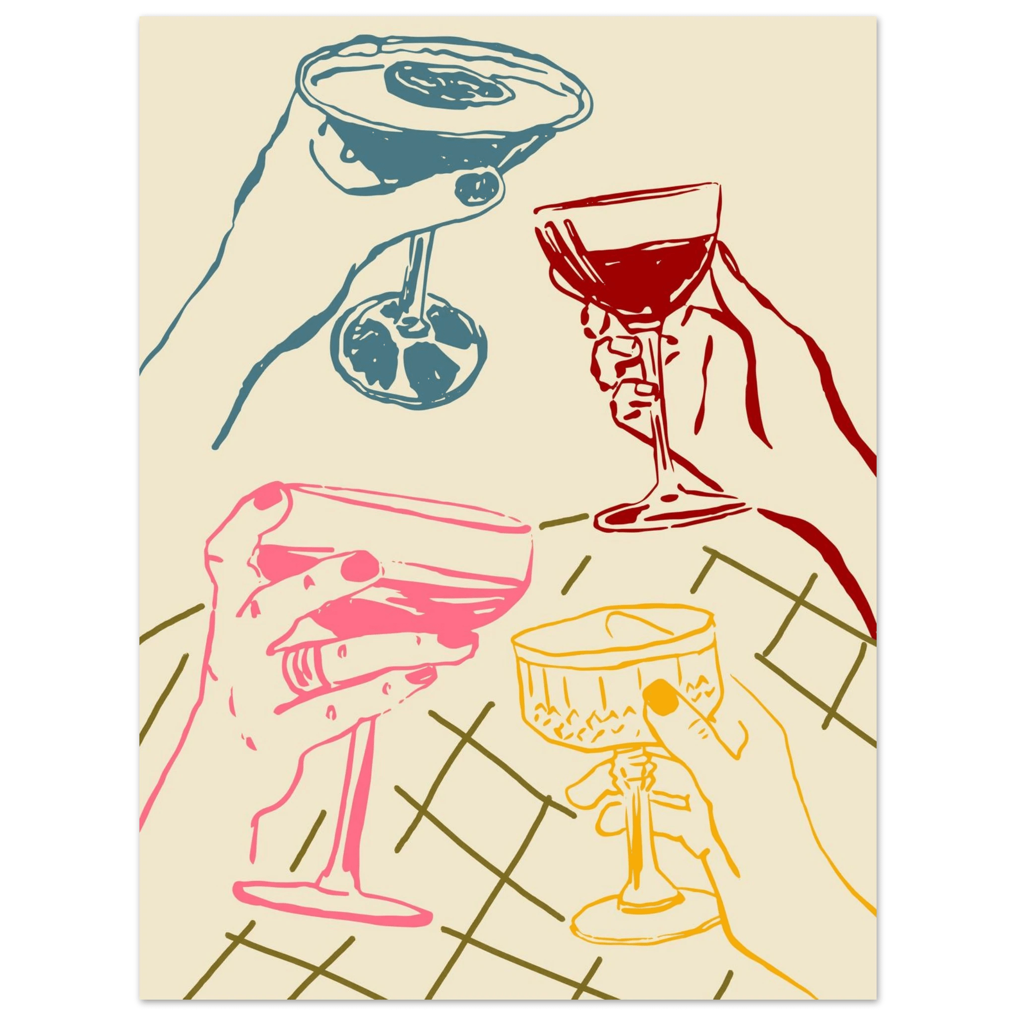 Cheers Print | Colourful Cocktail Glasses Wall Art | Kitchen Bar Poster - Evergreen Posters