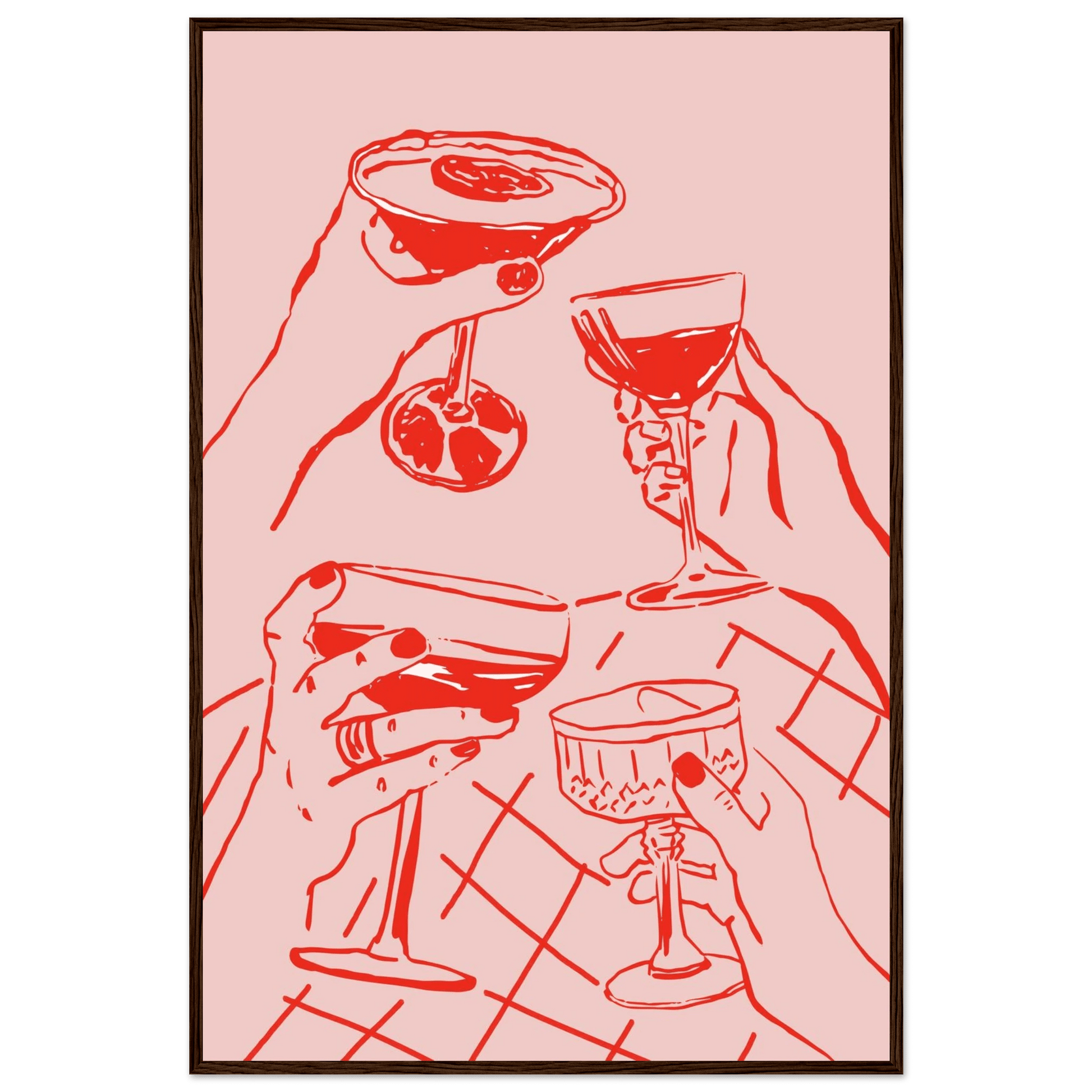 Cheers Print | Red & Pink Cocktail Glasses Wall Art | Kitchen Bar Poster - Evergreen Posters