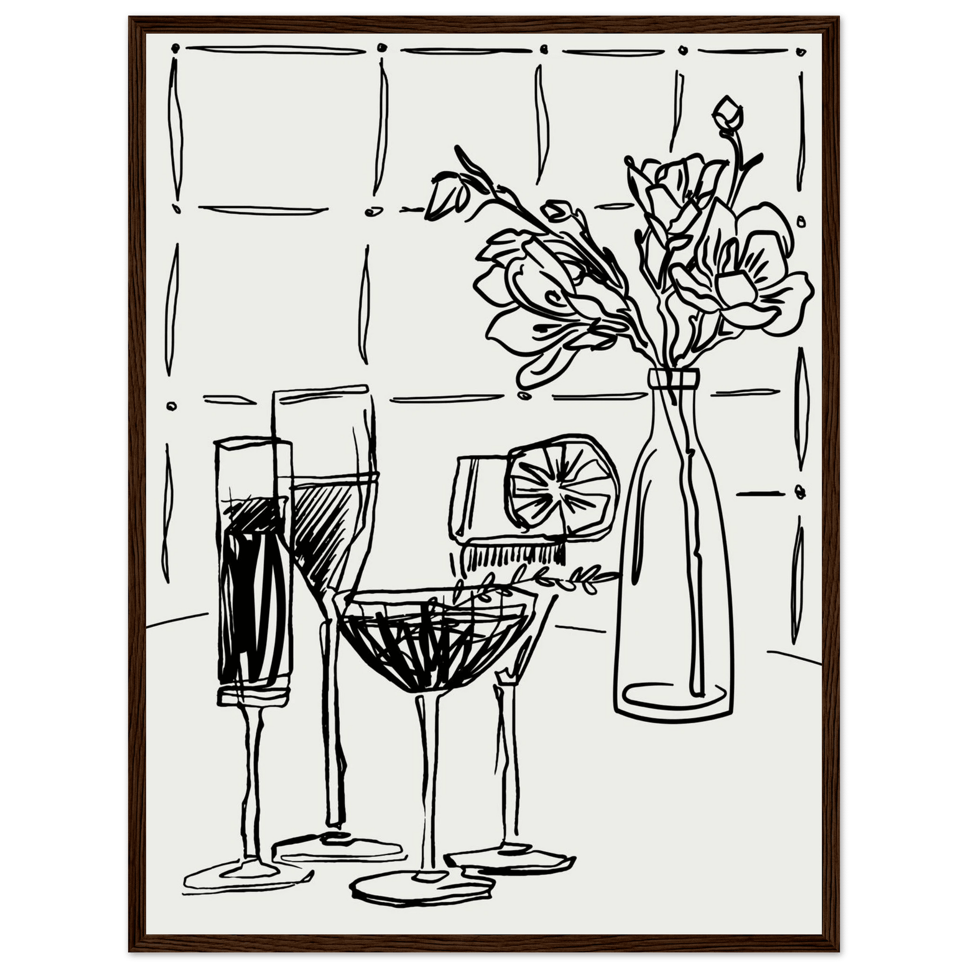 Cocktails & Flowers Print | Black Line Art Drinks Wall Art | Kitchen Bar Poster - Evergreen Posters