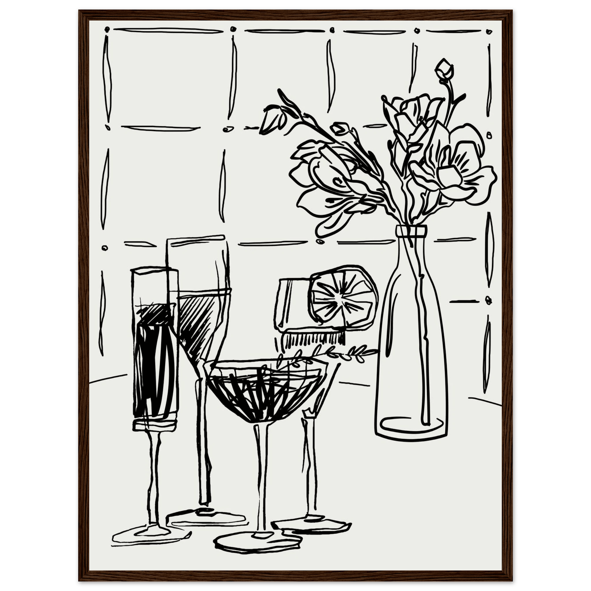 Cocktails & Flowers Print | Black Line Art Drinks Wall Art | Kitchen Bar Poster - Evergreen Posters