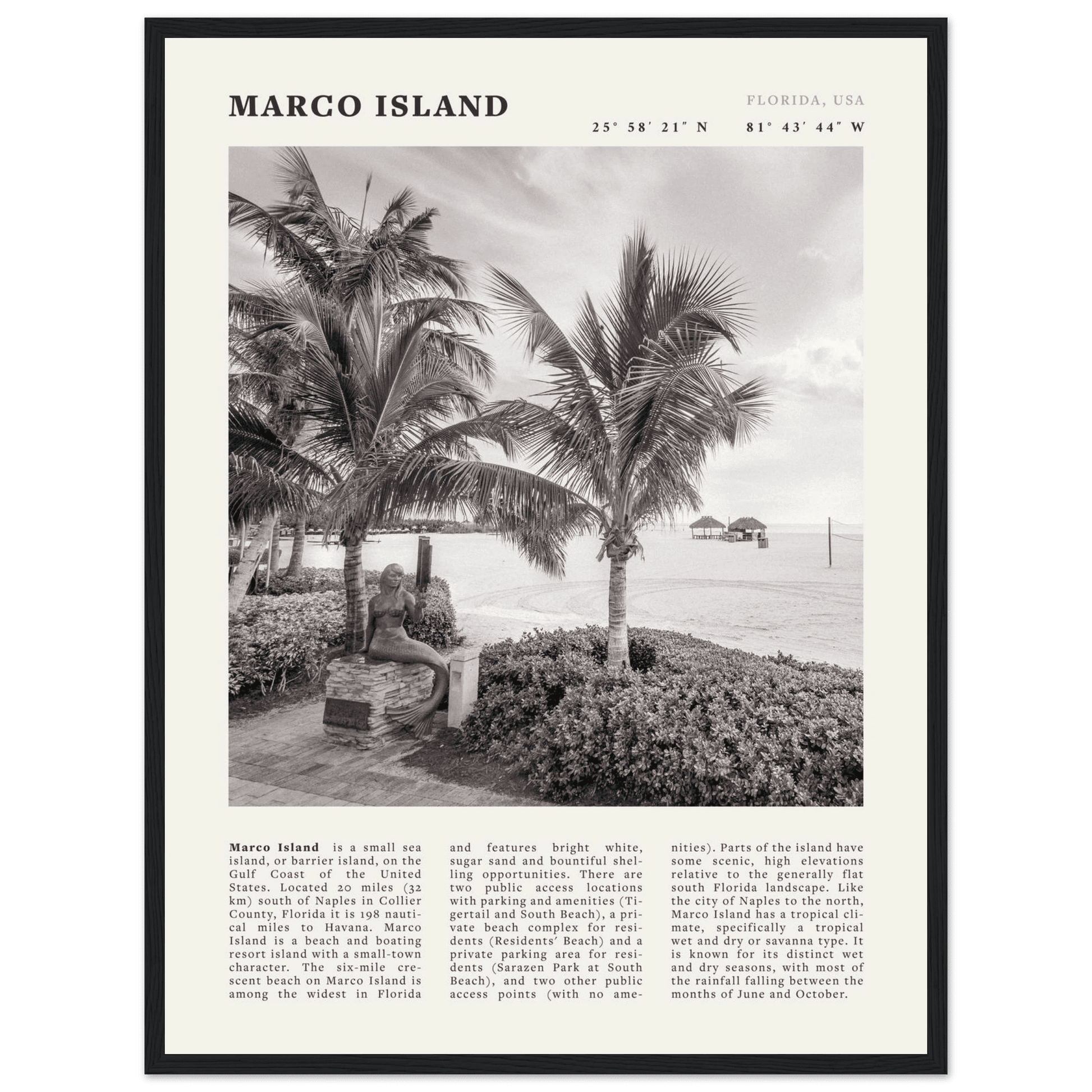 Marco Island Poster | Black & White Florida Beach Wall Art | Coastal Travel Print - Evergreen Posters