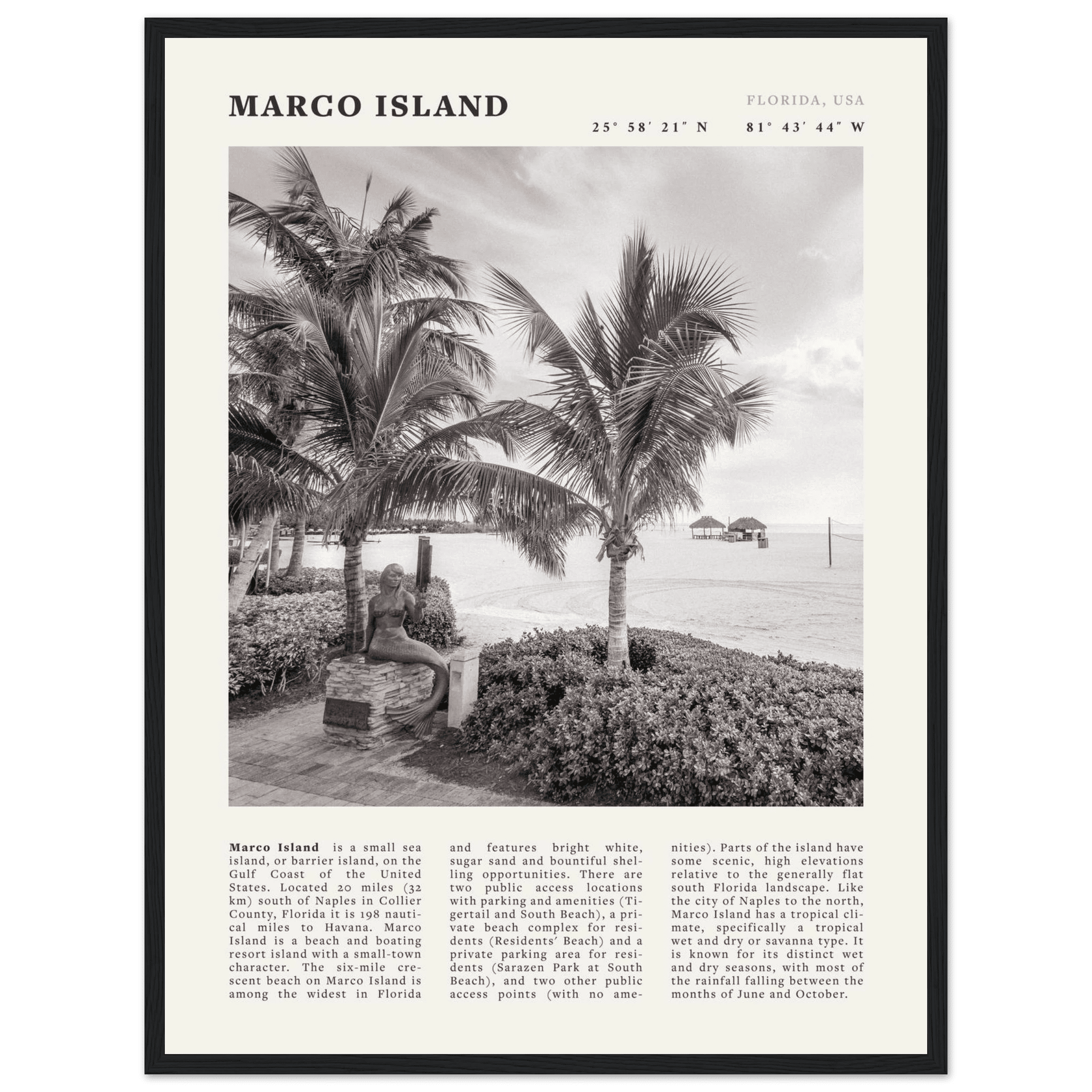 Marco Island Poster | Black & White Florida Beach Wall Art | Coastal Travel Print - Evergreen Posters