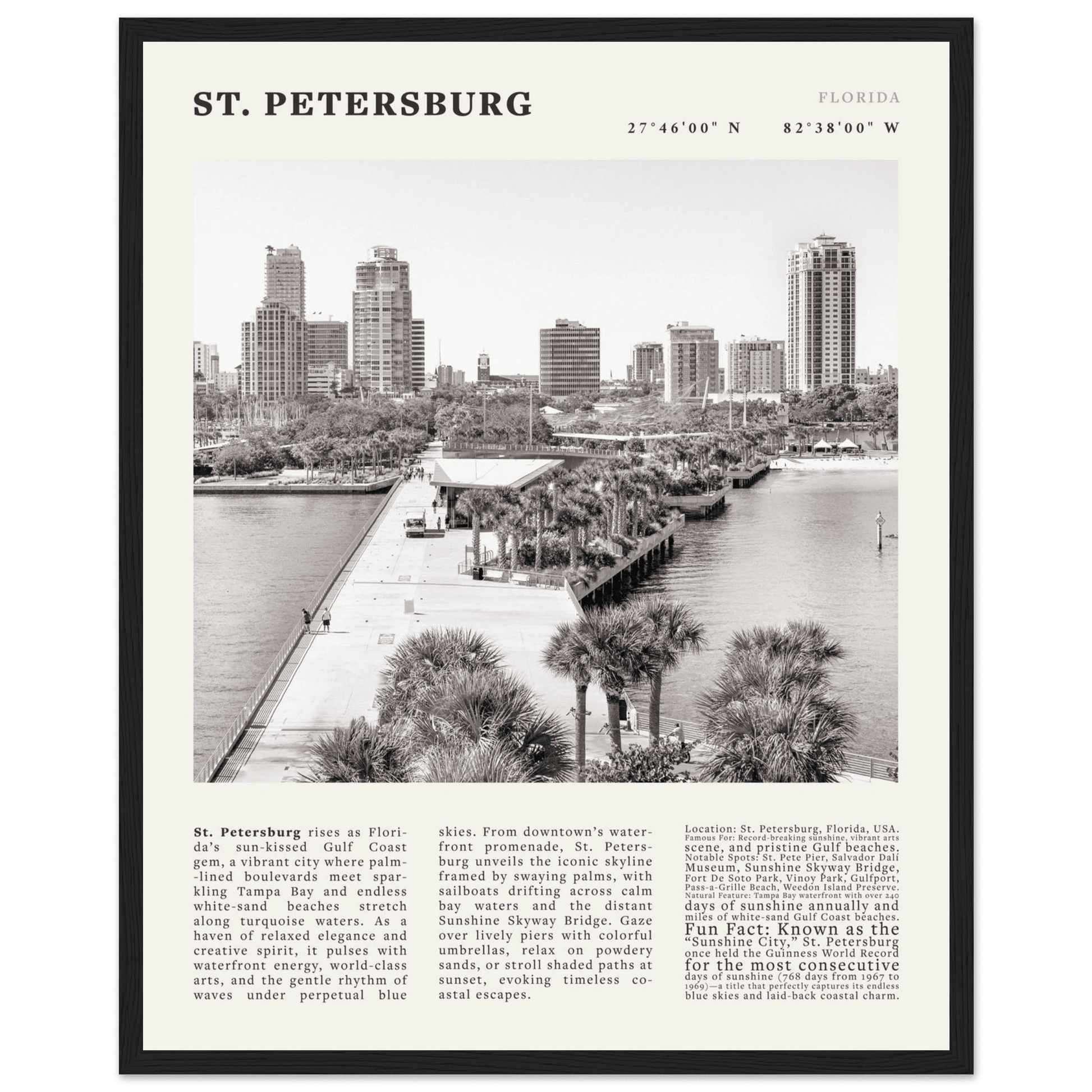 St. Petersburg Florida Poster Black and White – Vintage St Pete Skyline Print (Digital & Printed Options) - Evergreen Posters