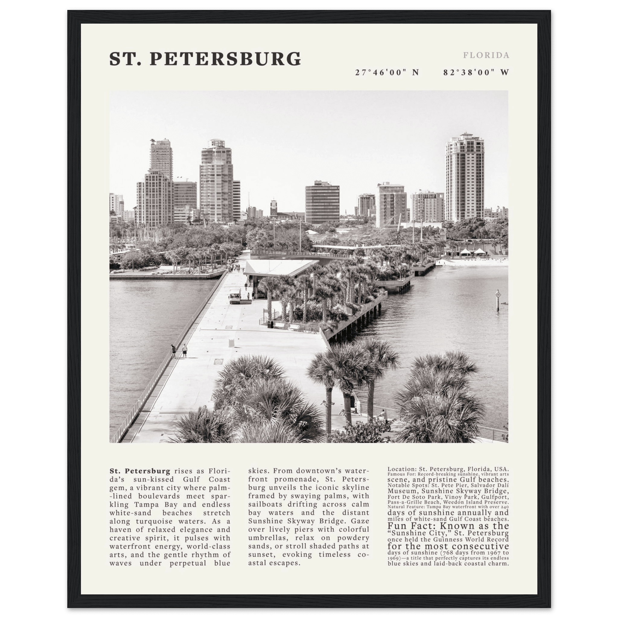 St. Petersburg Florida Poster Black and White – Vintage St Pete Skyline Print (Digital & Printed Options) - Evergreen Posters